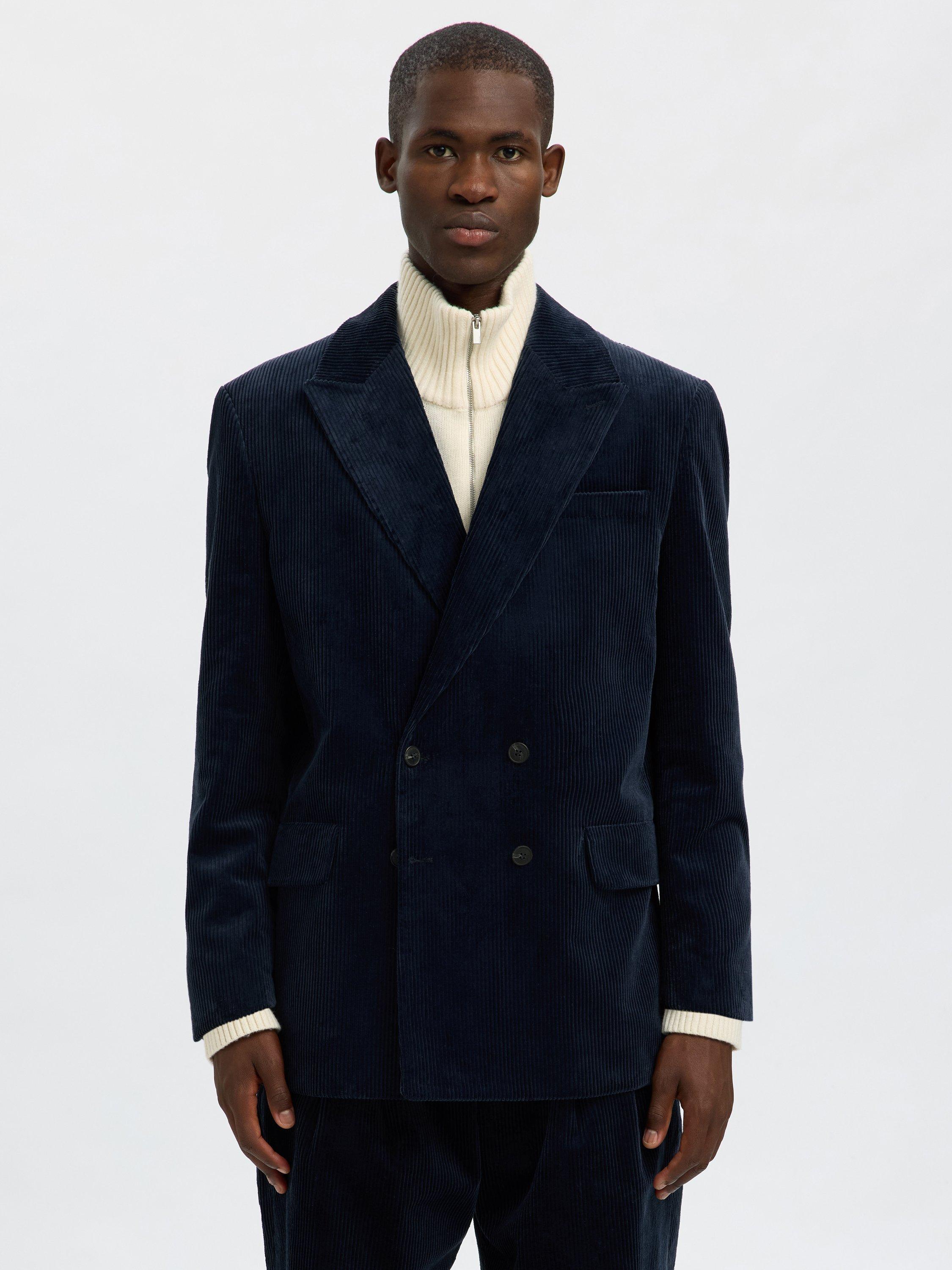 Product image 1 of 6, which shows Selected Matteo Double Breasted Corduroy Suit Jacket, Dark Petrol, 36R