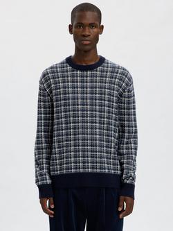 Selected Mikolas Wool Blend Check Crew Neck Jumper, Sky Blue Mirage