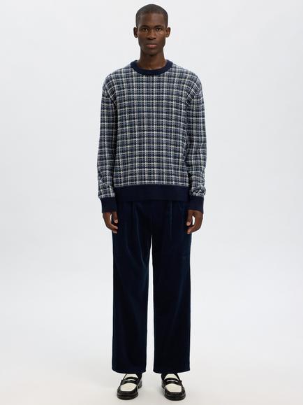 Selected Mikolas Wool Blend Check Crew Neck Jumper - view 2, Sky Blue Mirage