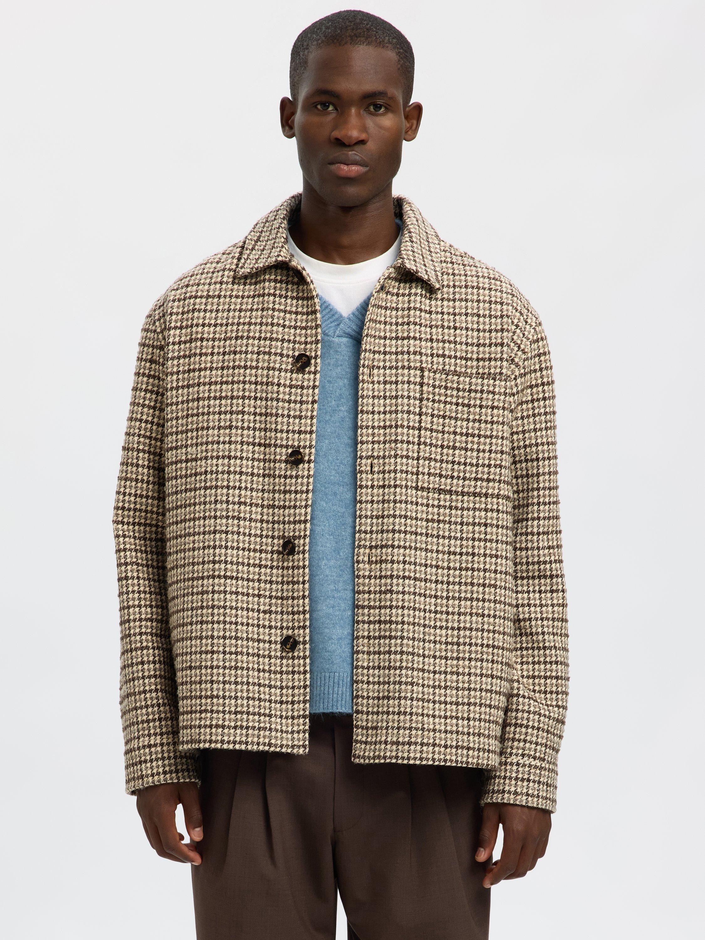 Product image 1 of 6, which shows Selected Regari Wool Blend Dogtooth Long Sleeve Collar Overshirt, Egret/Multi, S