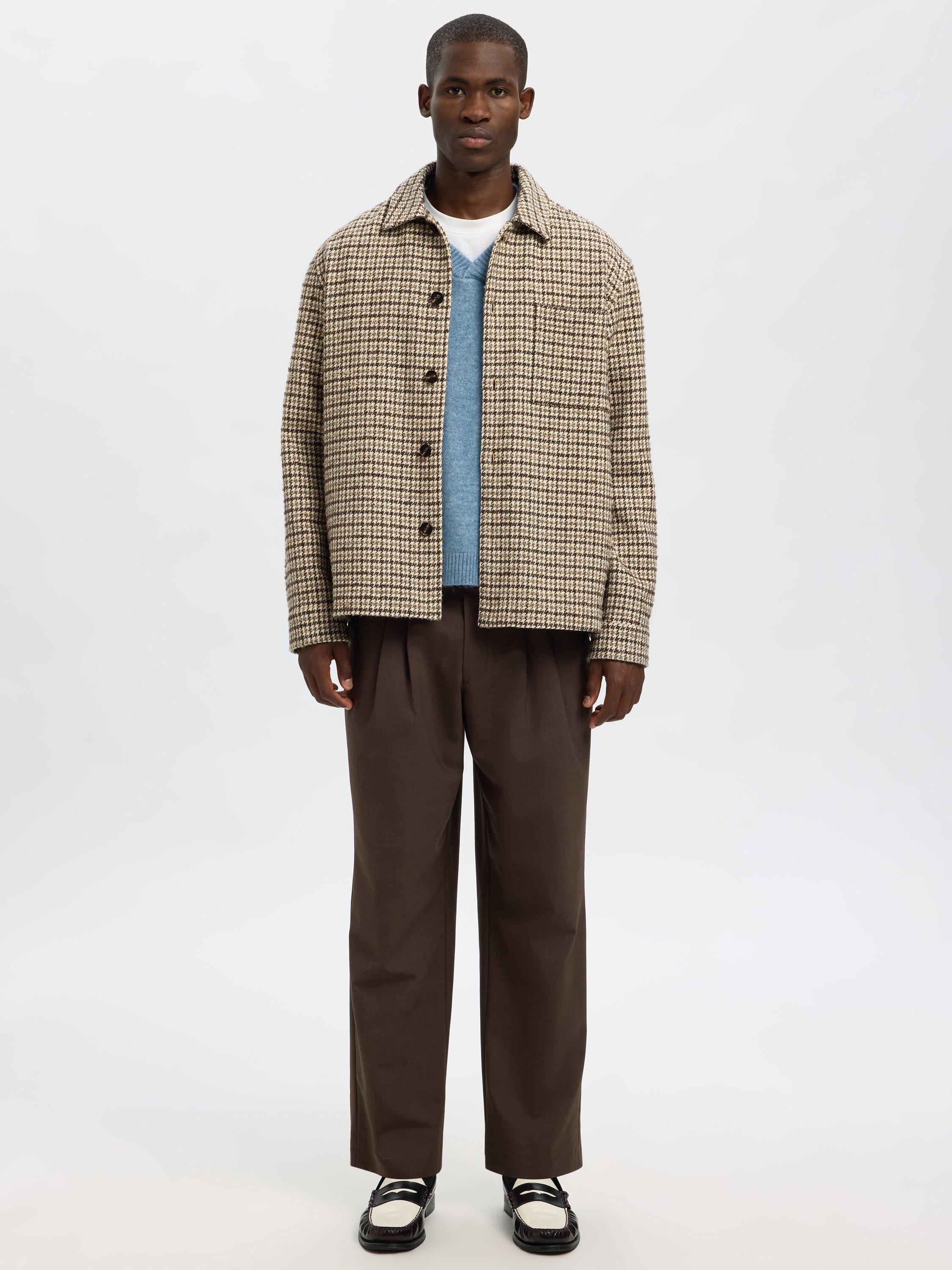 Product image 2 of 6, which shows Selected Regari Wool Blend Dogtooth Long Sleeve Collar Overshirt, Egret/Multi, S