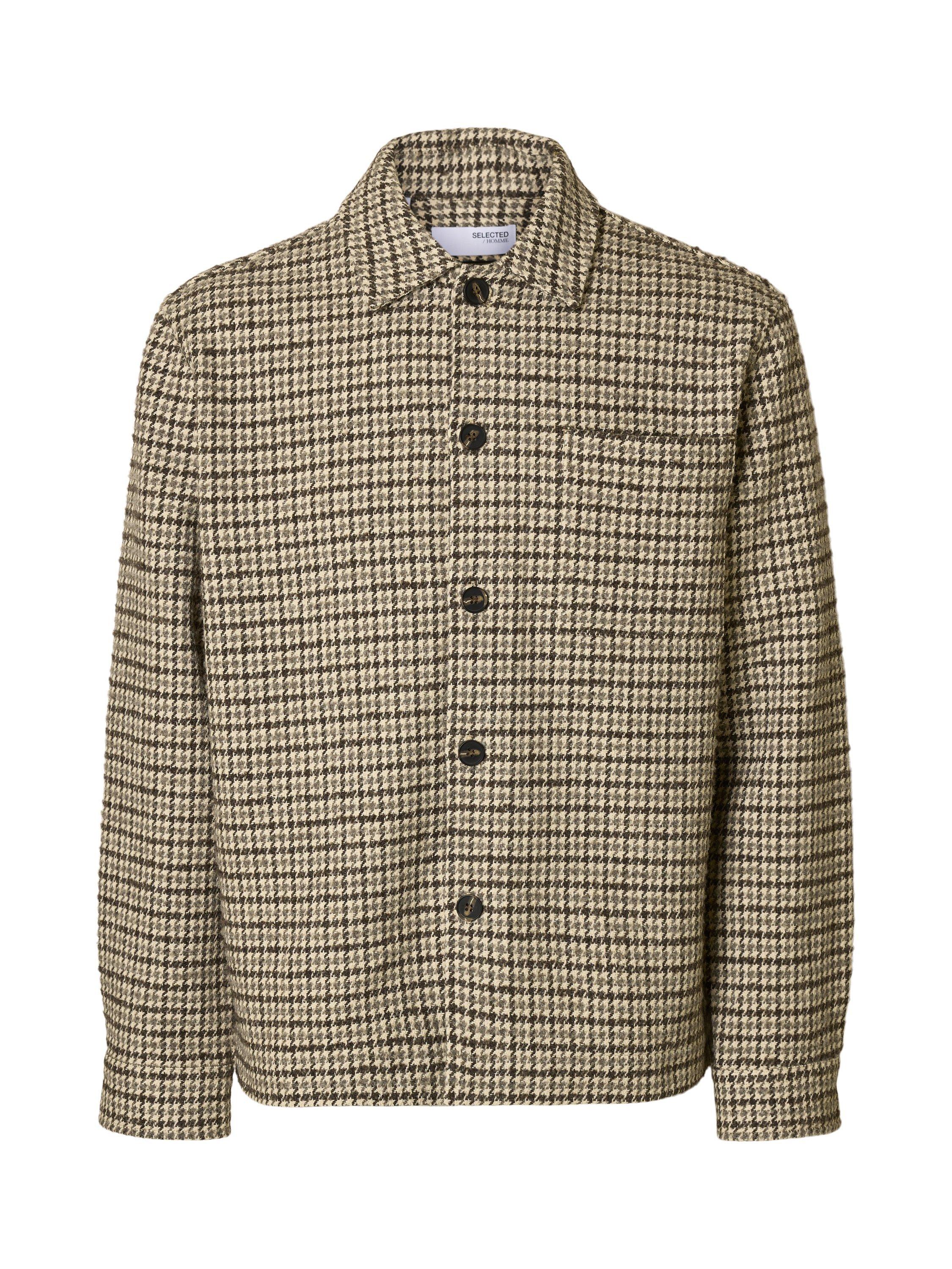 Product image 5 of 6, which shows Selected Regari Wool Blend Dogtooth Long Sleeve Collar Overshirt, Egret/Multi, S