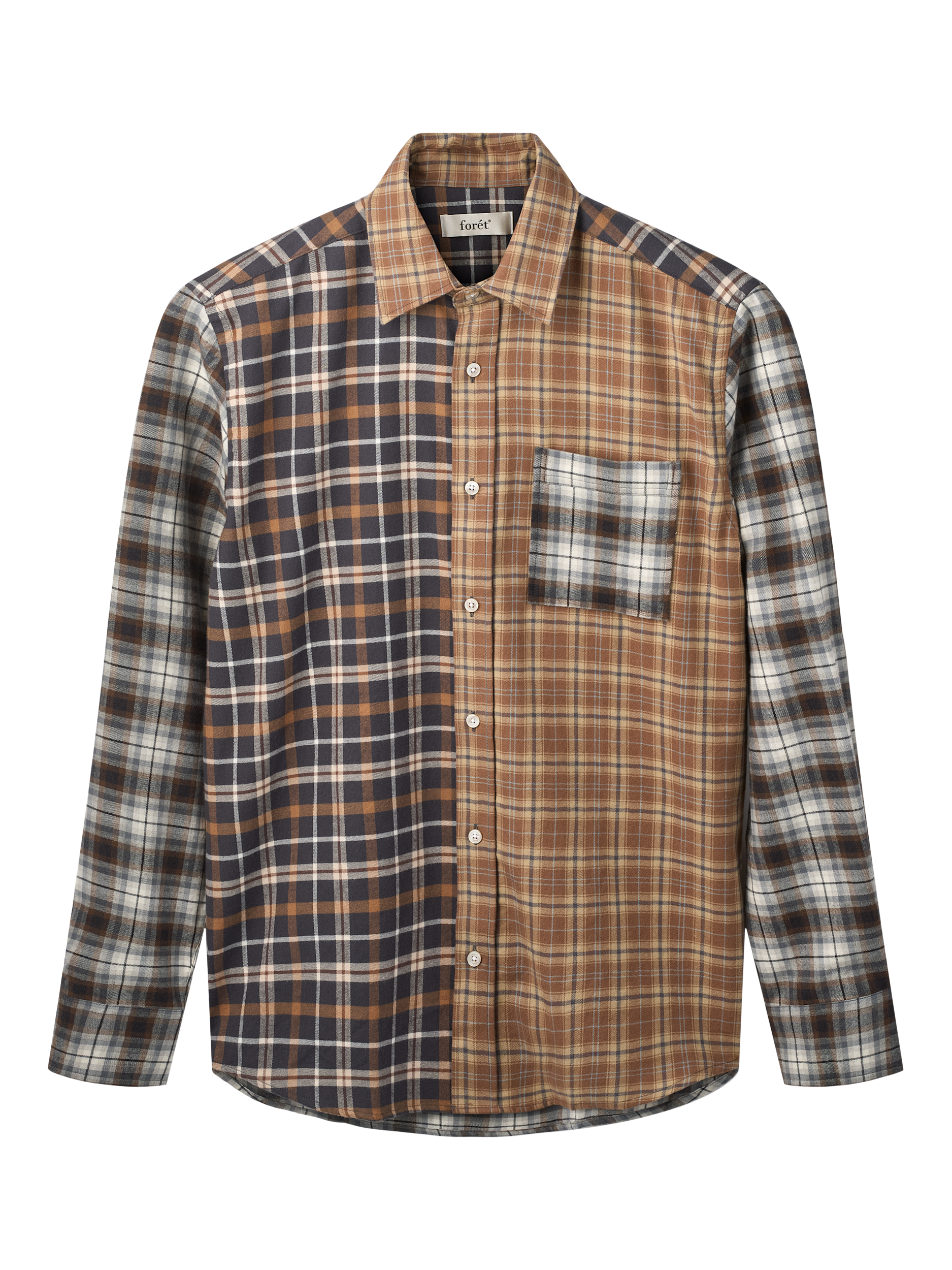 Product image 1 of 6, which shows forét Creek Cotton Regular Fit Patchwork Check Shirt, Check Mix, S