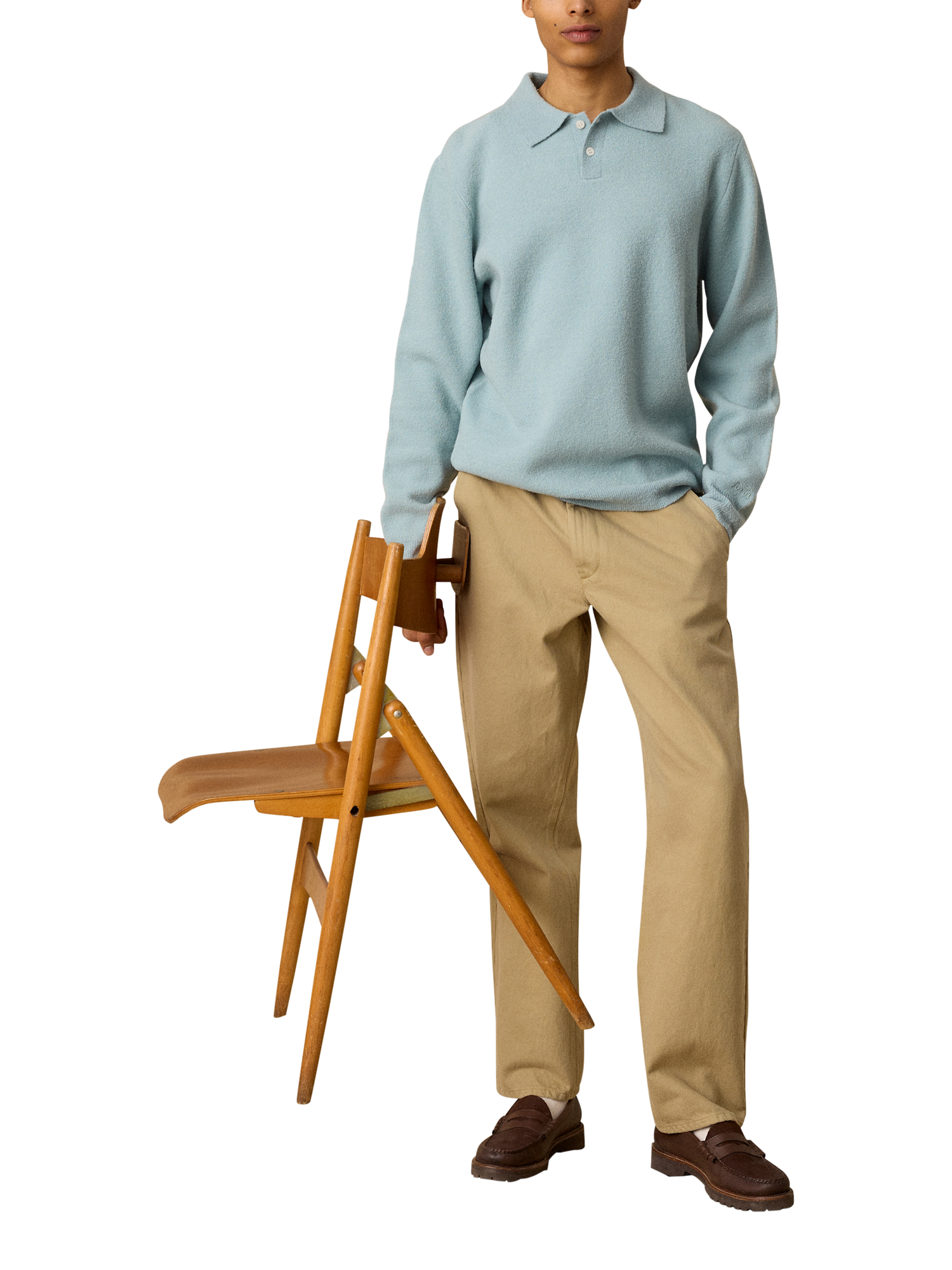 Product image 1 of 4, which shows forét Timber Wool Blend Knit Polo Top, Dove, S