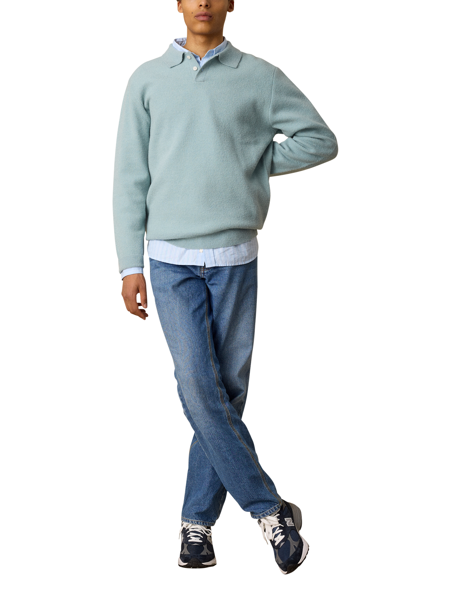 Product image 4 of 4, which shows forét Timber Wool Blend Knit Polo Top, Dove, S