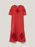 Jigsaw Short Sleeve Crochet Diamond Cotton Midi T-Shirt Dress, Red