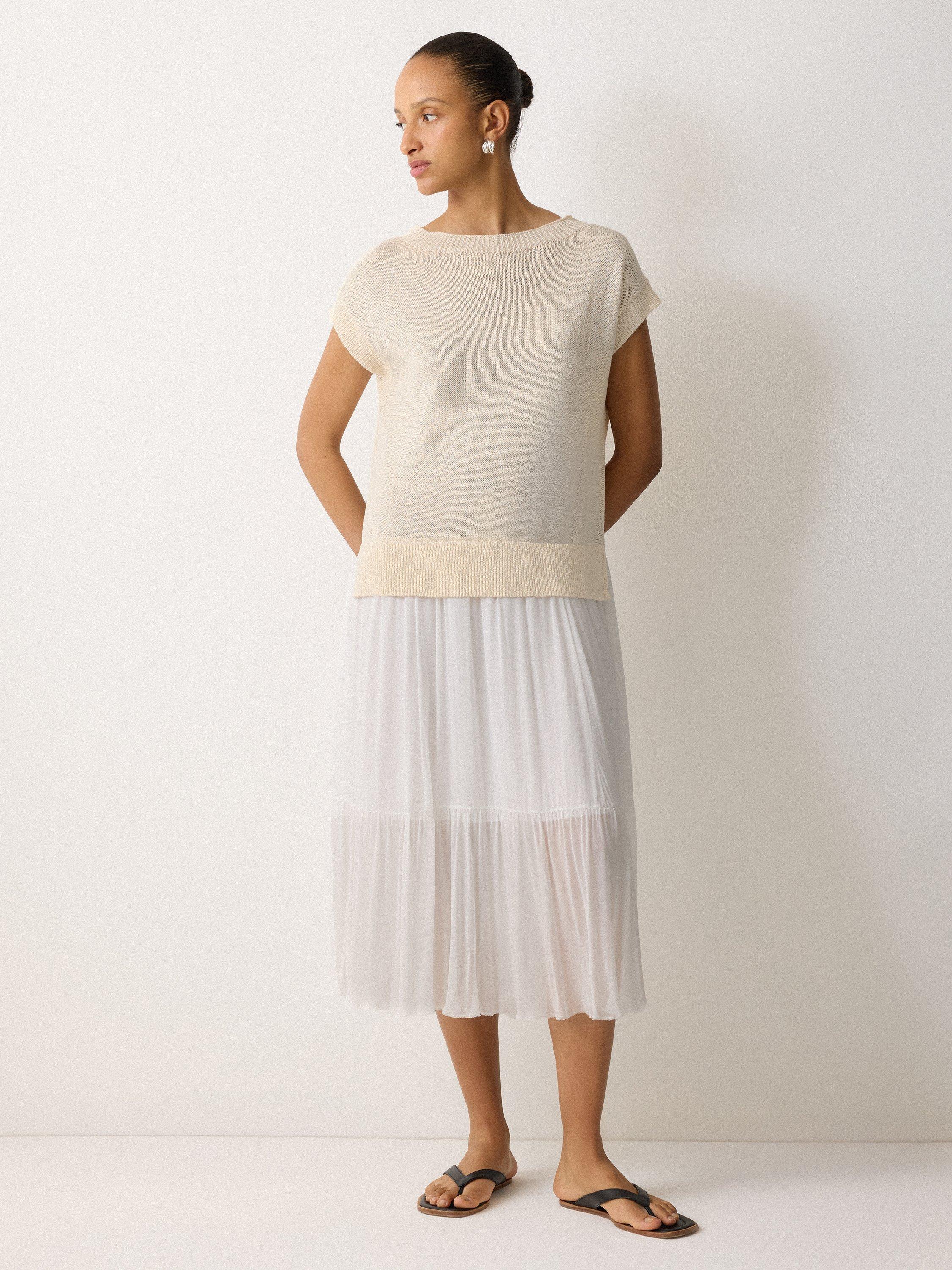Product image 1 of 5, which shows Jigsaw Short Sleeve Linen Top Sheer Skirt Midi Dress, Neutral, M