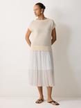 Jigsaw Short Sleeve Linen Top Sheer Skirt Midi Dress, Neutral