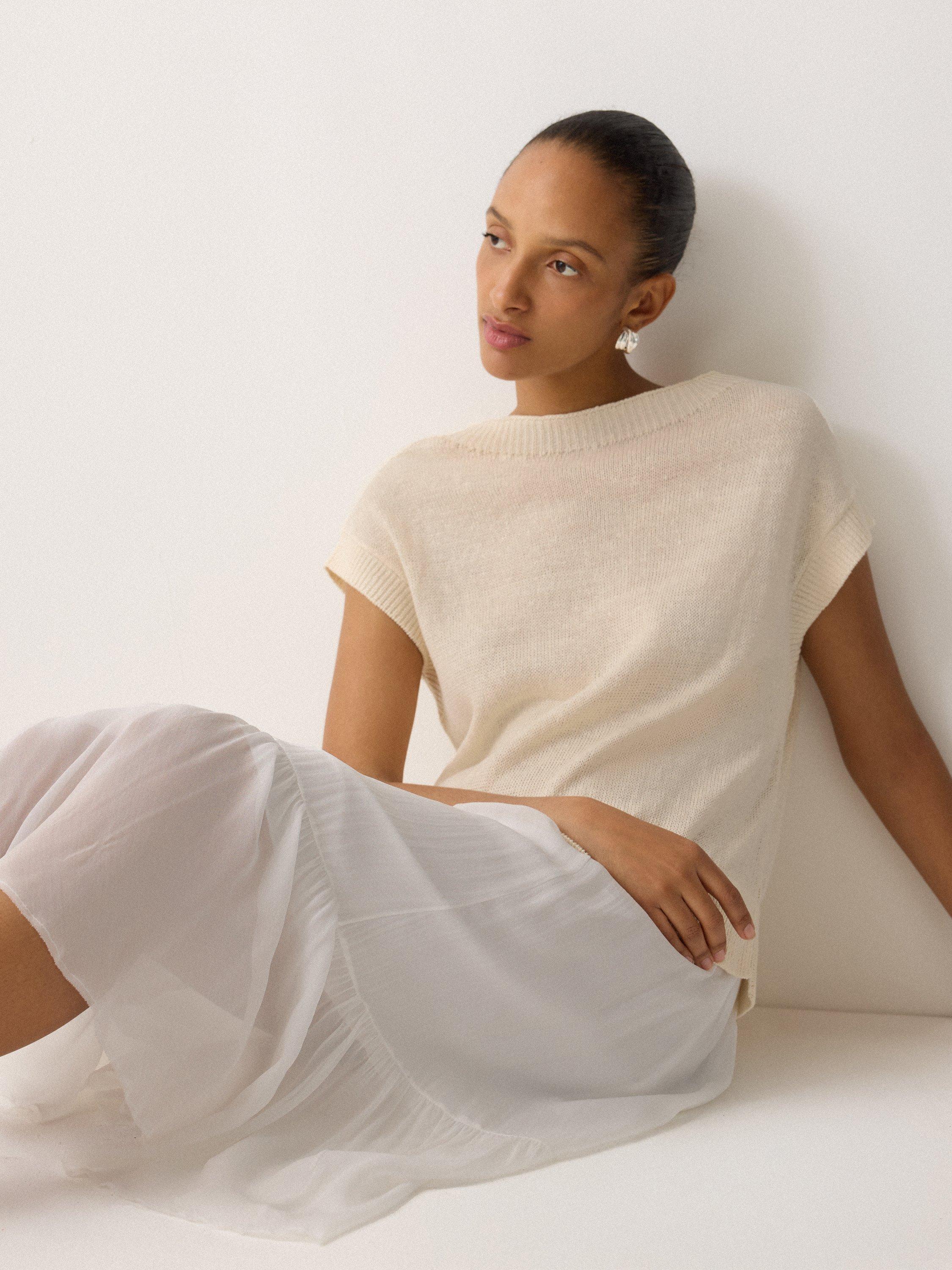 Product image 4 of 5, which shows Jigsaw Short Sleeve Linen Top Sheer Skirt Midi Dress, Neutral, M