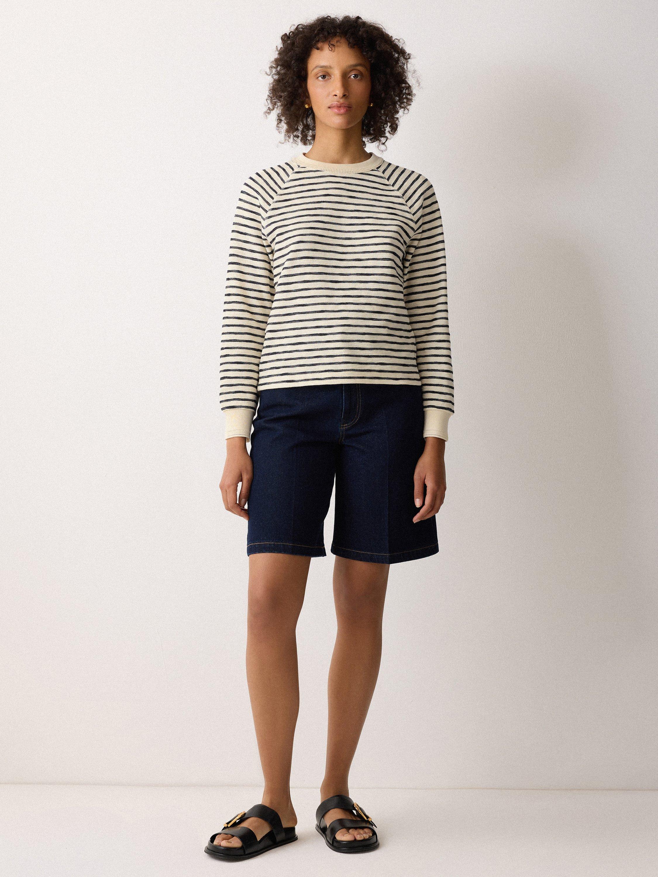 Product image 1 of 4, which shows Jigsaw Stripe Textured Cotton Blend Jumper, Navy/Cream, XS