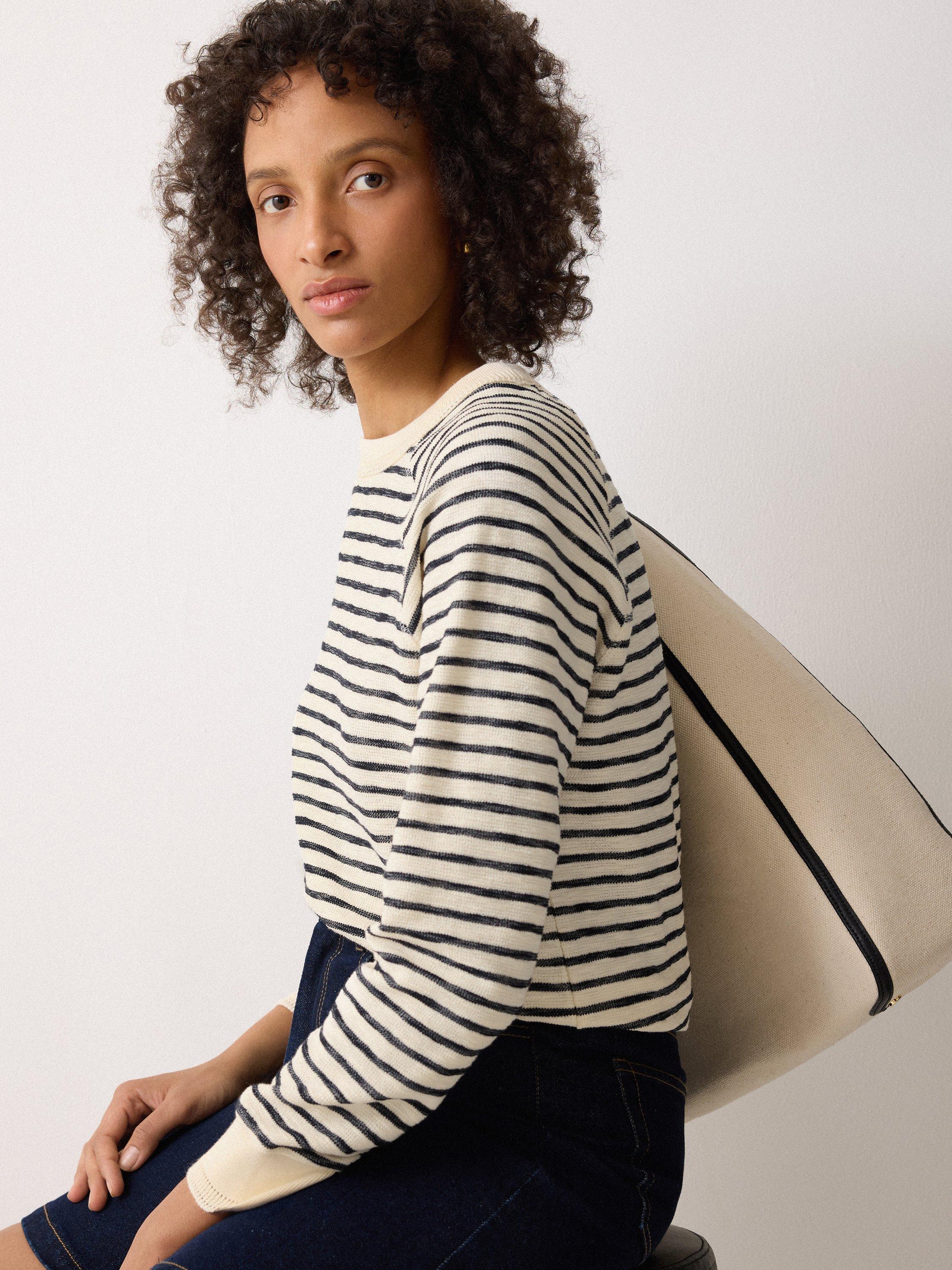 Product image 4 of 4, which shows Jigsaw Stripe Textured Cotton Blend Jumper, Navy/Cream, XS