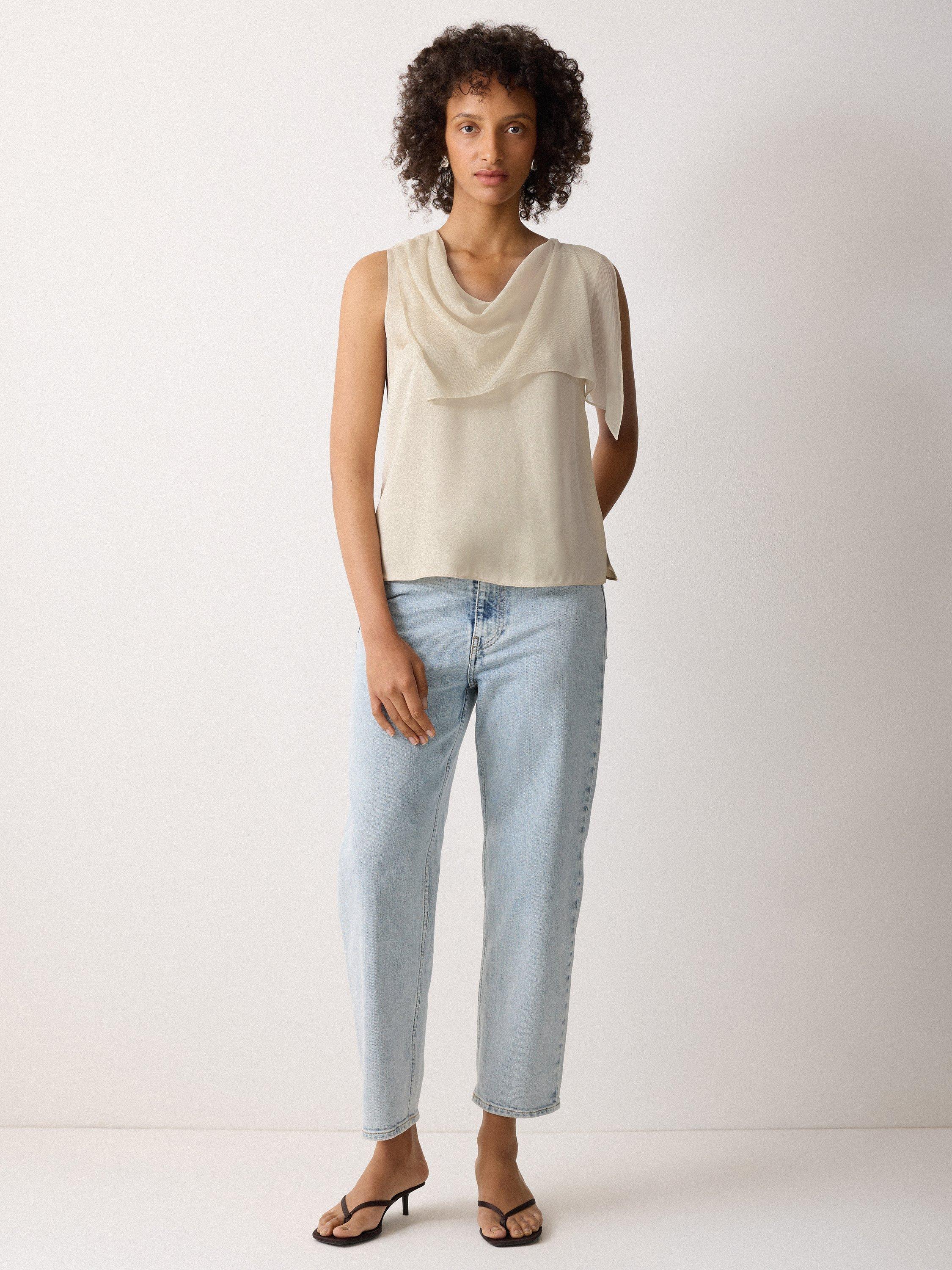 Product image 1 of 4, which shows Jigsaw Silk Trim Sleeveless Drape Front Top, Cream, 8