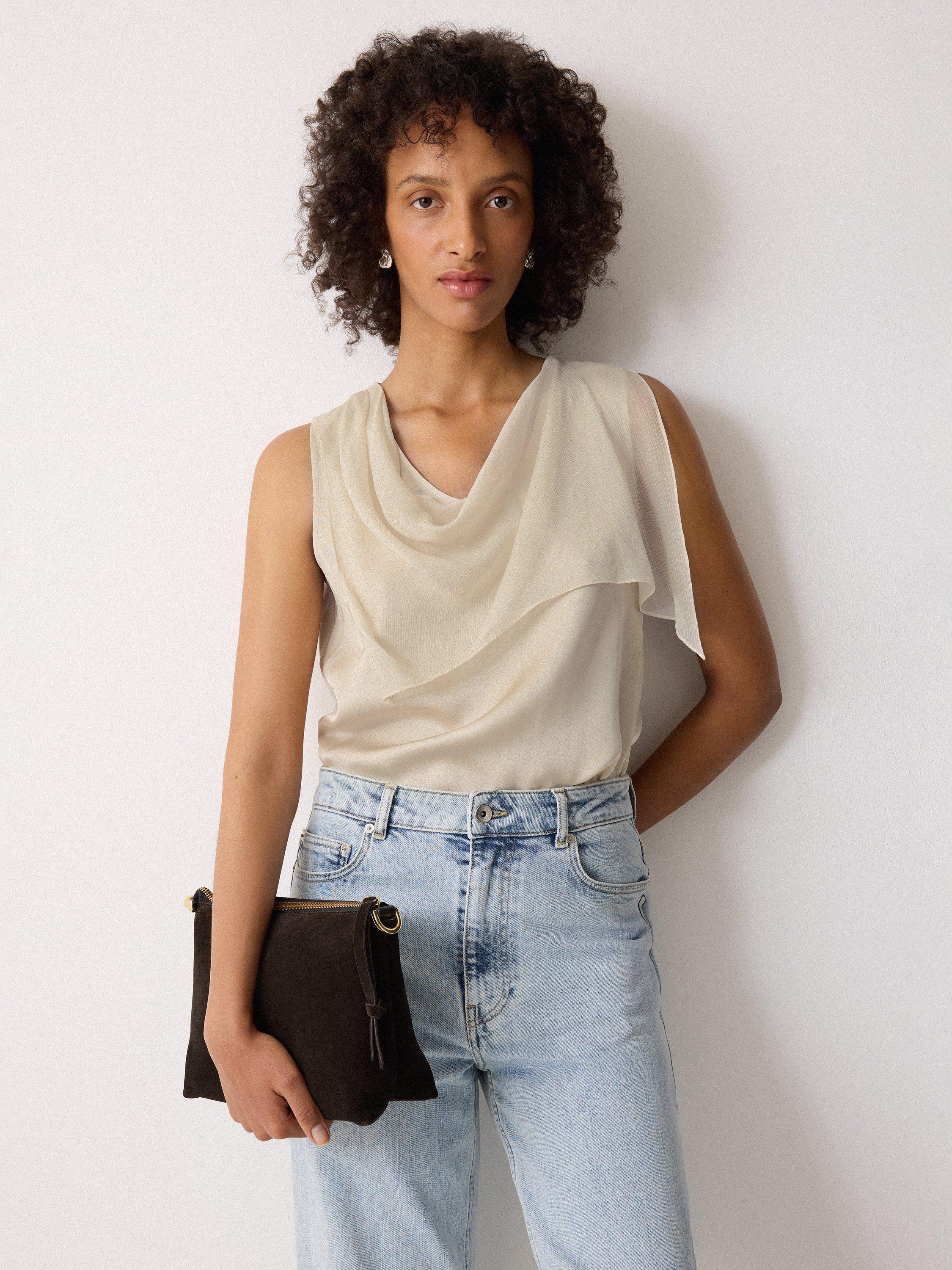 Product image 4 of 4, which shows Jigsaw Silk Trim Sleeveless Drape Front Top, Cream, 8