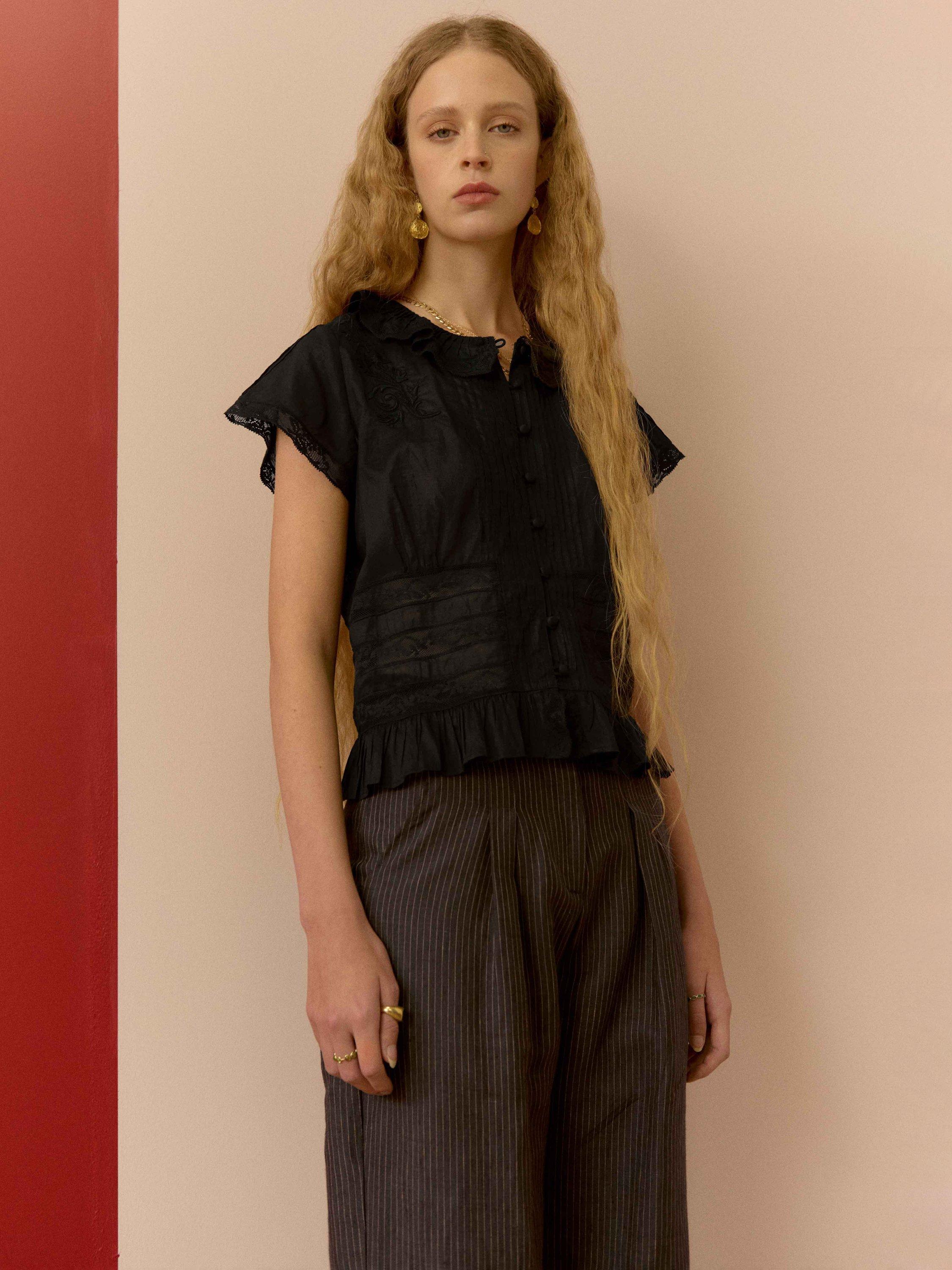 Brora Cotton Frill Collar Blouse, Black