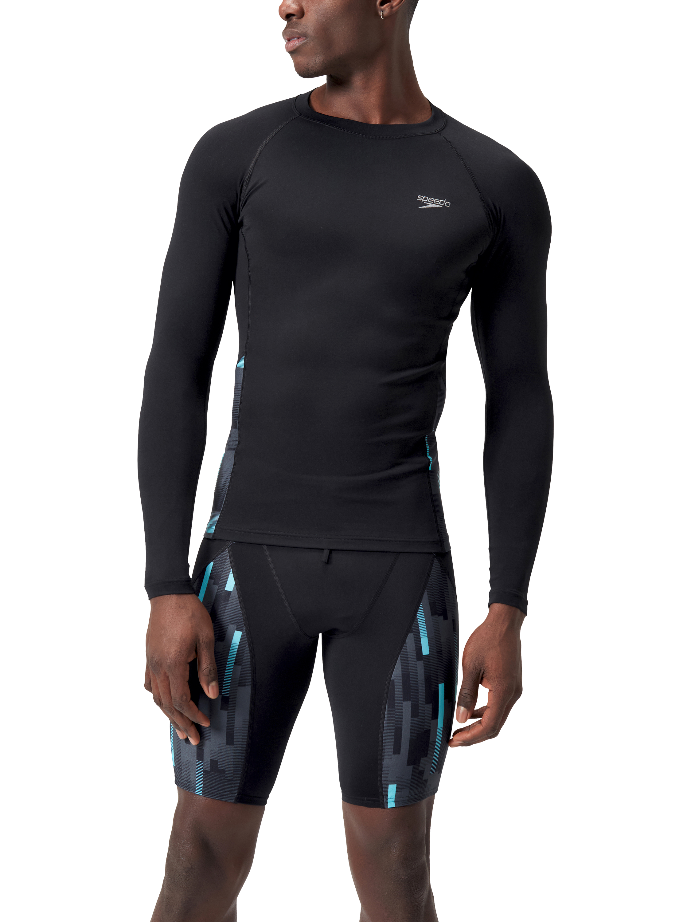 Product image 1 of 8, which shows Speedo Essential Long Sleeve Rash Top, Black/White, S
