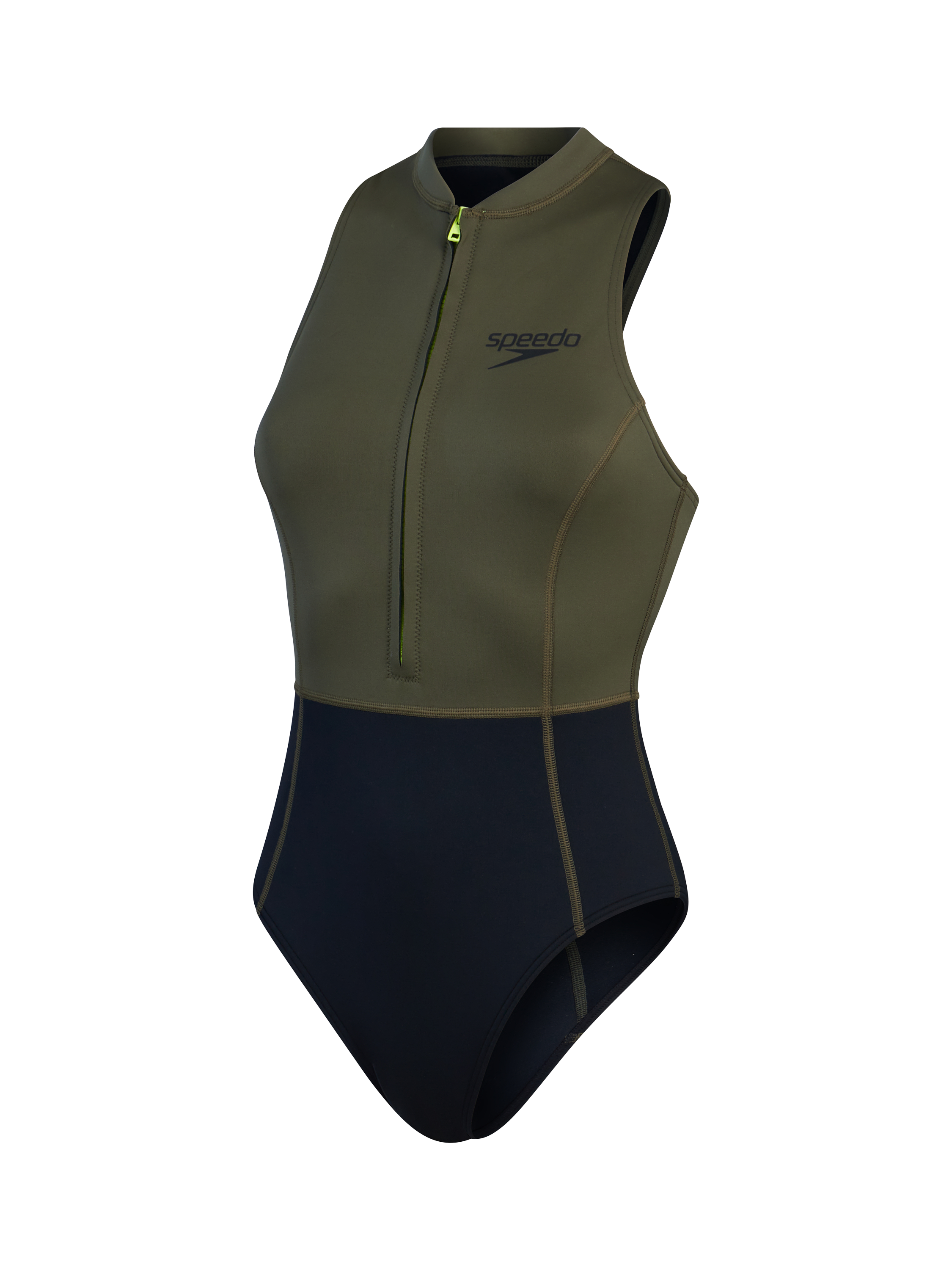 Product image 1 of 6, which shows Speedo Sleeveless Thermal Swimsuit, Black/Olive Night, 32