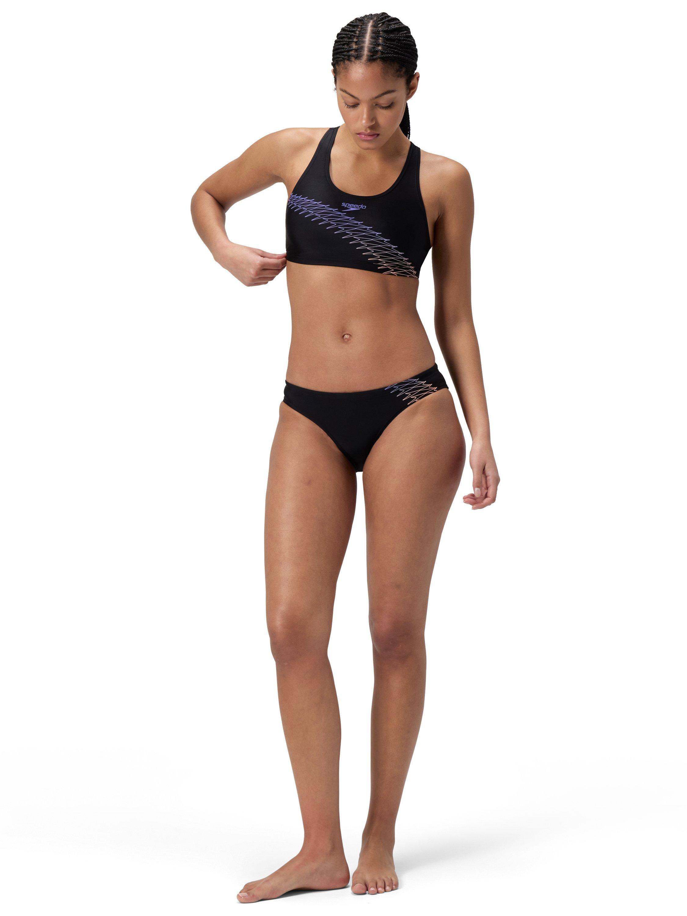 Product image 9 of 10, which shows Speedo EnduraFlex Sporty Placement Bikini Set, Black / Purple, 32