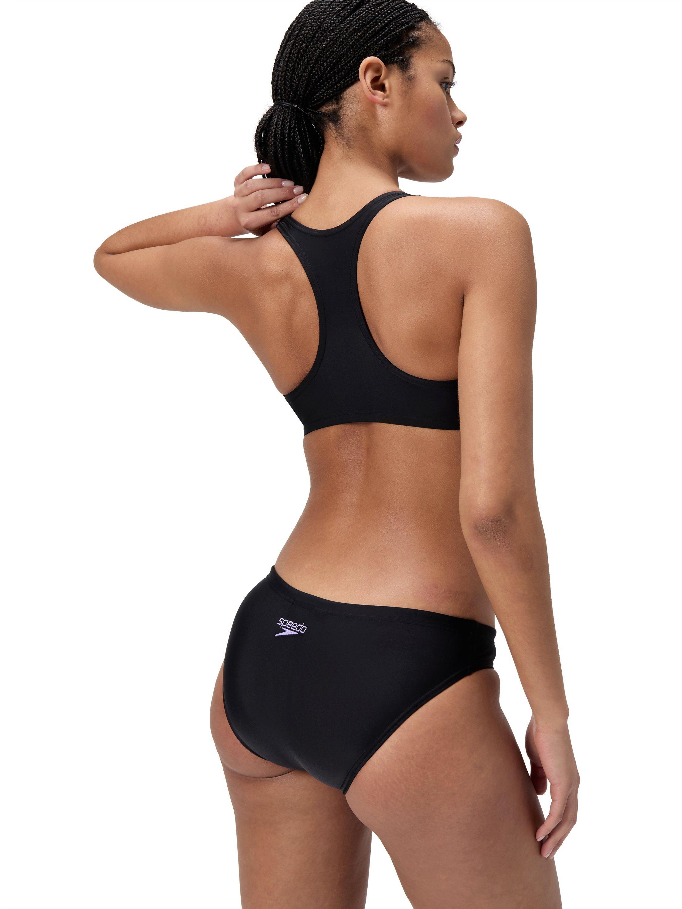 Product image 10 of 10, which shows Speedo EnduraFlex Sporty Placement Bikini Set, Black / Purple, 32