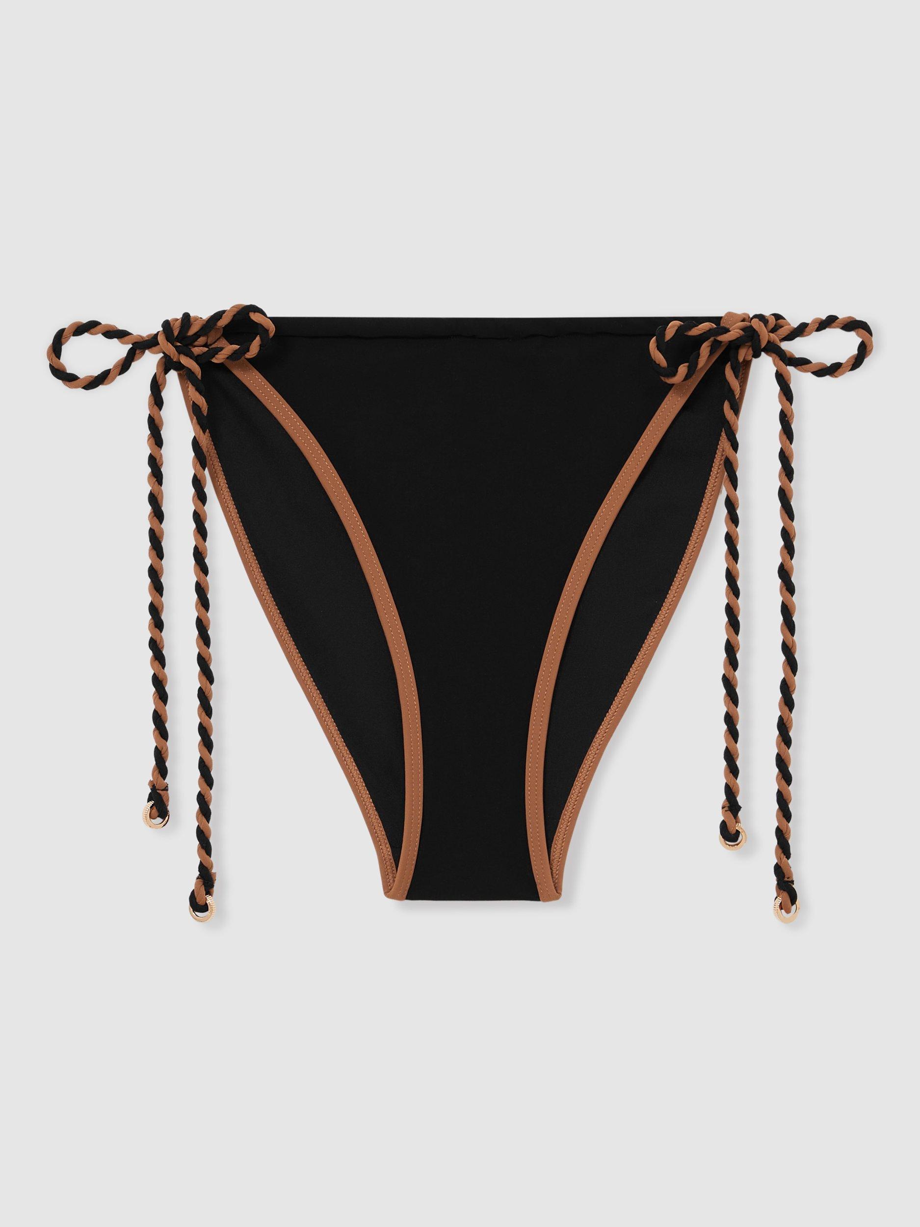 Product image 3 of 5, which shows Reiss Effie Contrast Trim Bikini Bottoms, Black/Brown, 6