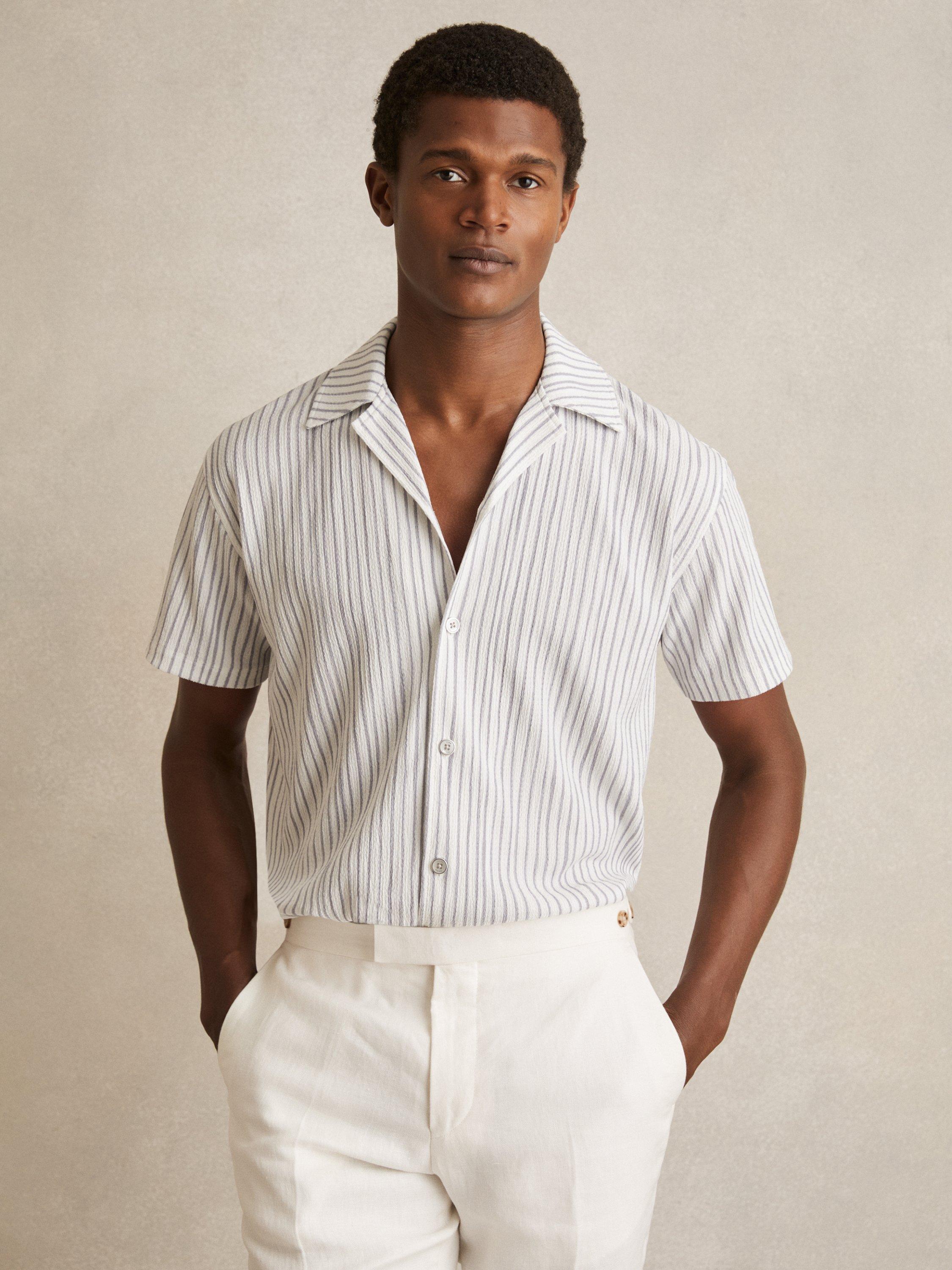 Product image 1 of 5, which shows Reiss Max Regular Fit Stripe Textured Revere Collar Shirt, White/Soft Blue, XS