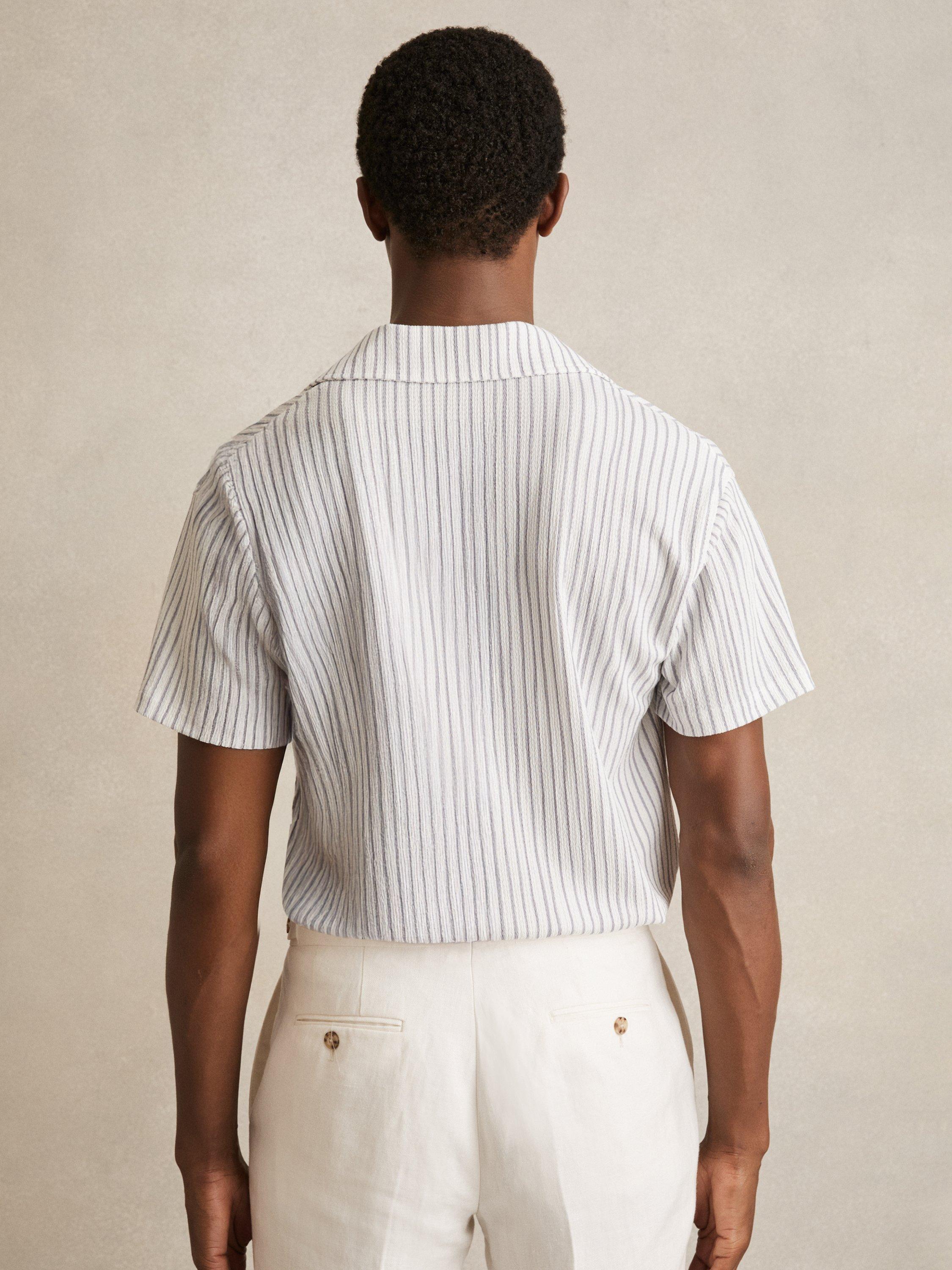 Product image 2 of 5, which shows Reiss Max Regular Fit Stripe Textured Revere Collar Shirt, White/Soft Blue, XS