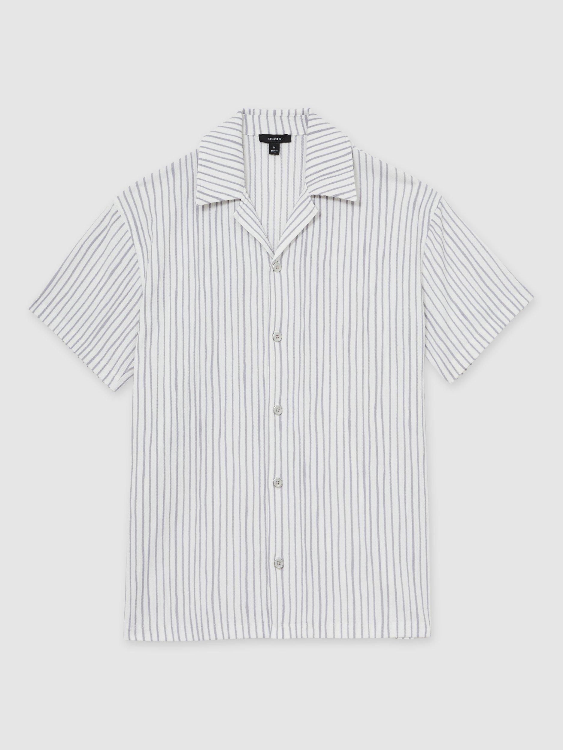 Product image 3 of 5, which shows Reiss Max Regular Fit Stripe Textured Revere Collar Shirt, White/Soft Blue, XS