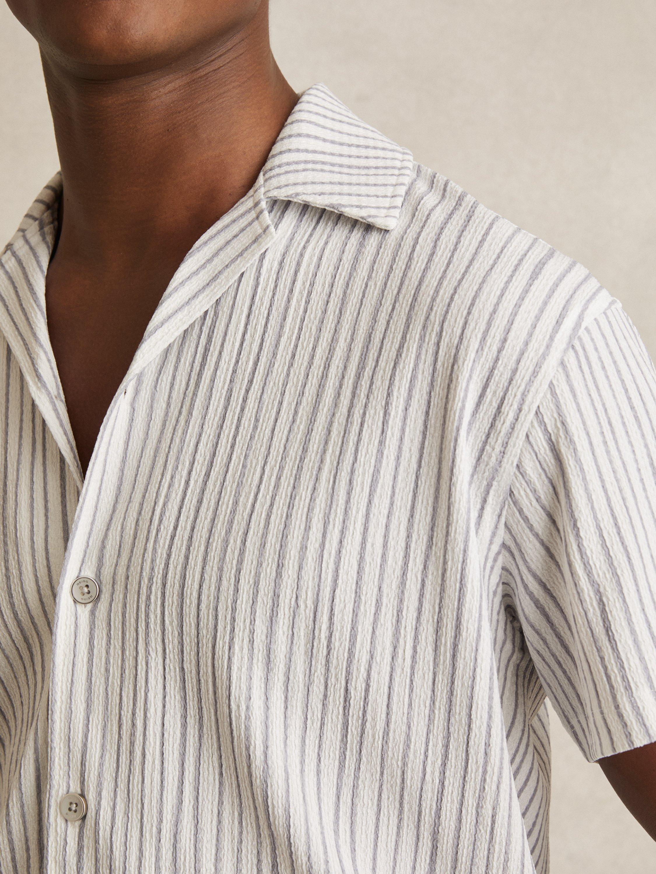 Product image 5 of 5, which shows Reiss Max Regular Fit Stripe Textured Revere Collar Shirt, White/Soft Blue, XS