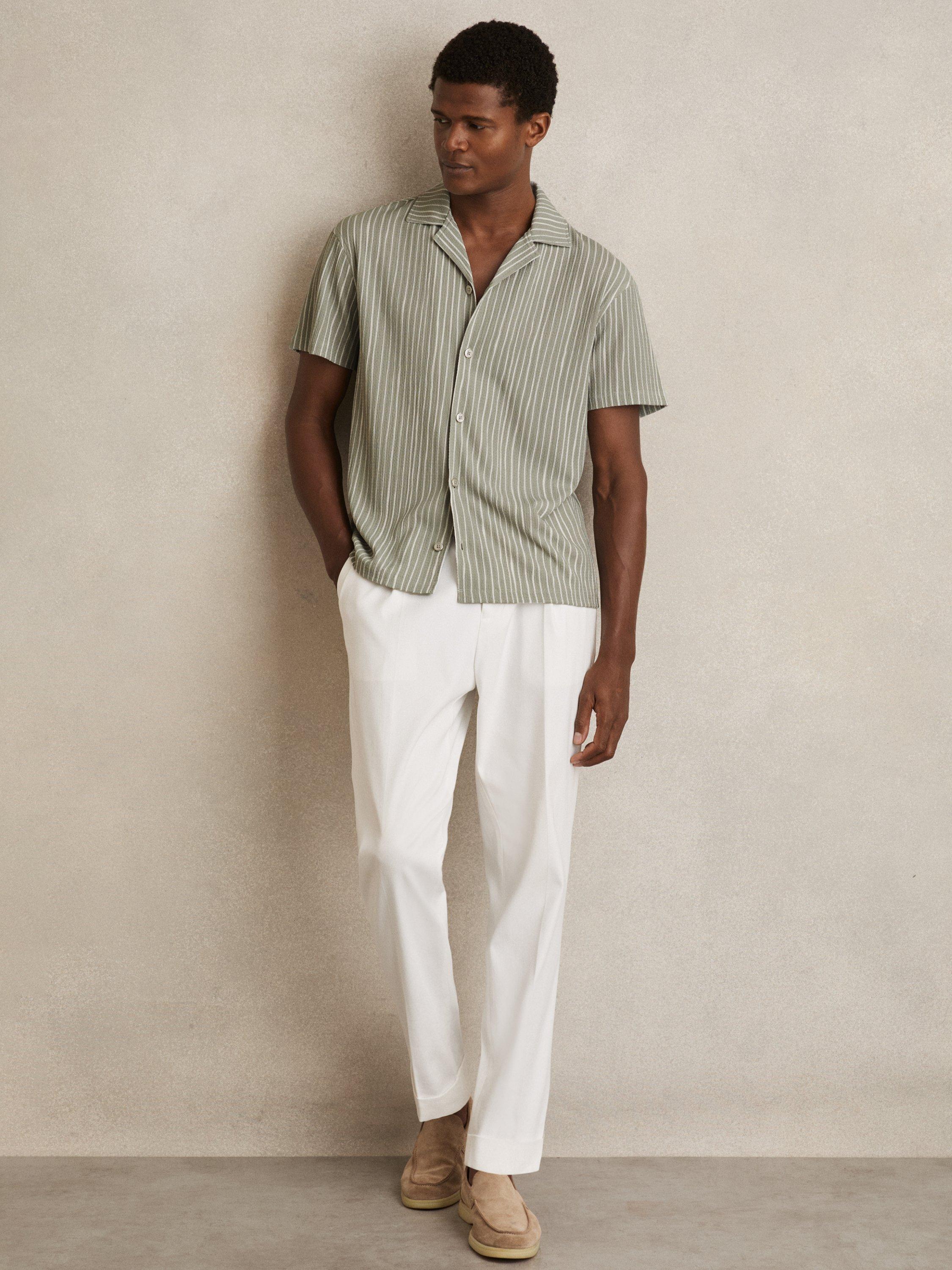 Product image 1 of 5, which shows Reiss Max Regular Fit Stripe Textured Revere Collar Shirt, Sage/White, XS