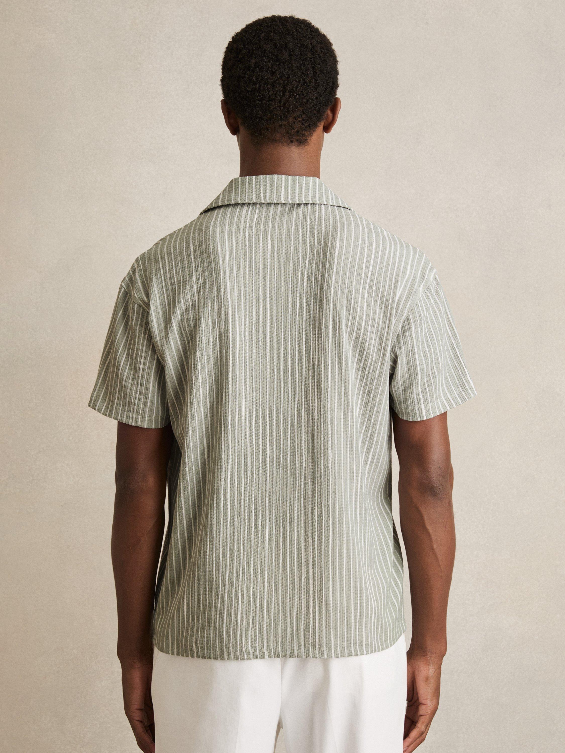 Product image 2 of 5, which shows Reiss Max Regular Fit Stripe Textured Revere Collar Shirt, Sage/White, XS