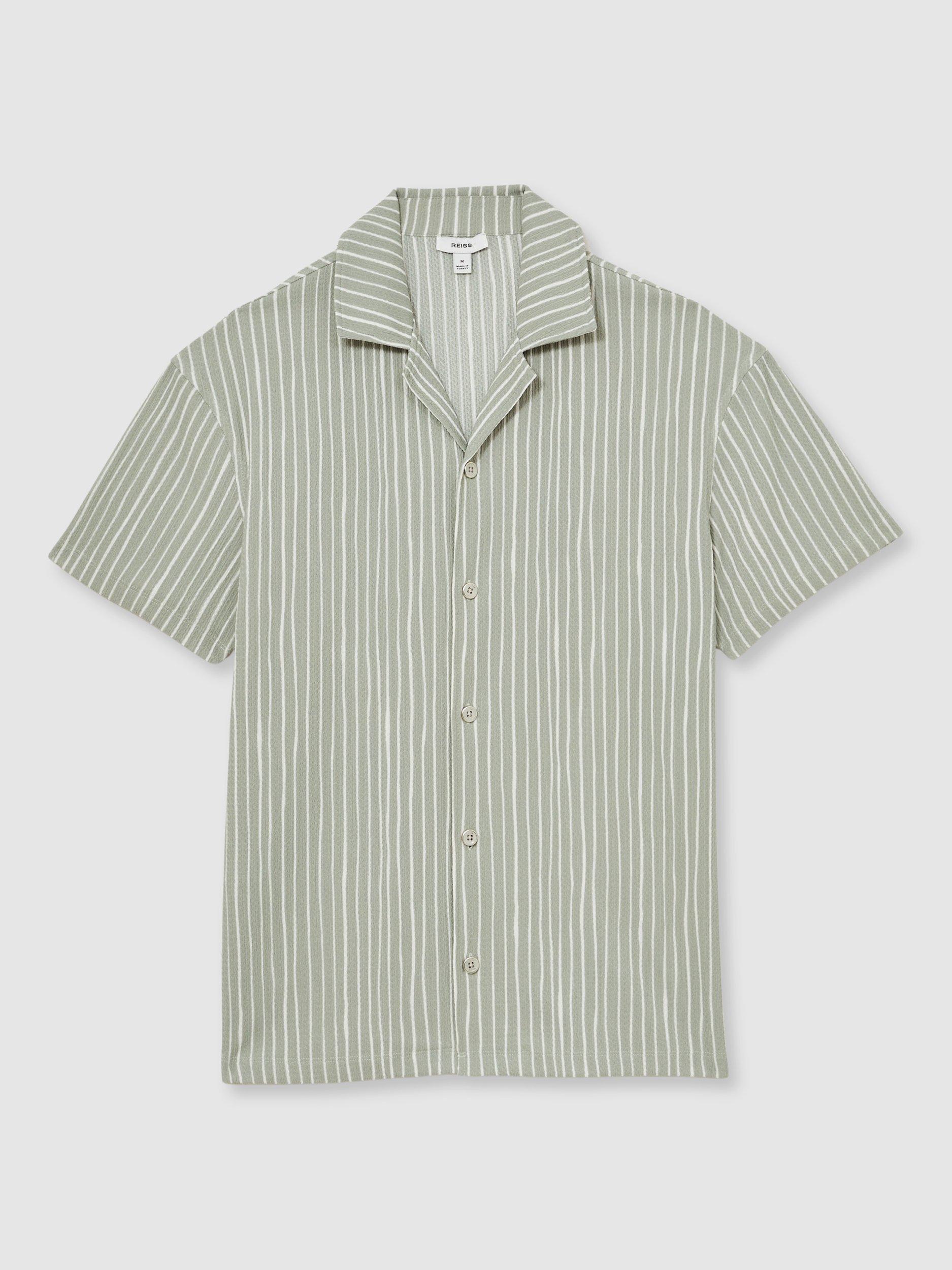Product image 3 of 5, which shows Reiss Max Regular Fit Stripe Textured Revere Collar Shirt, Sage/White, XS