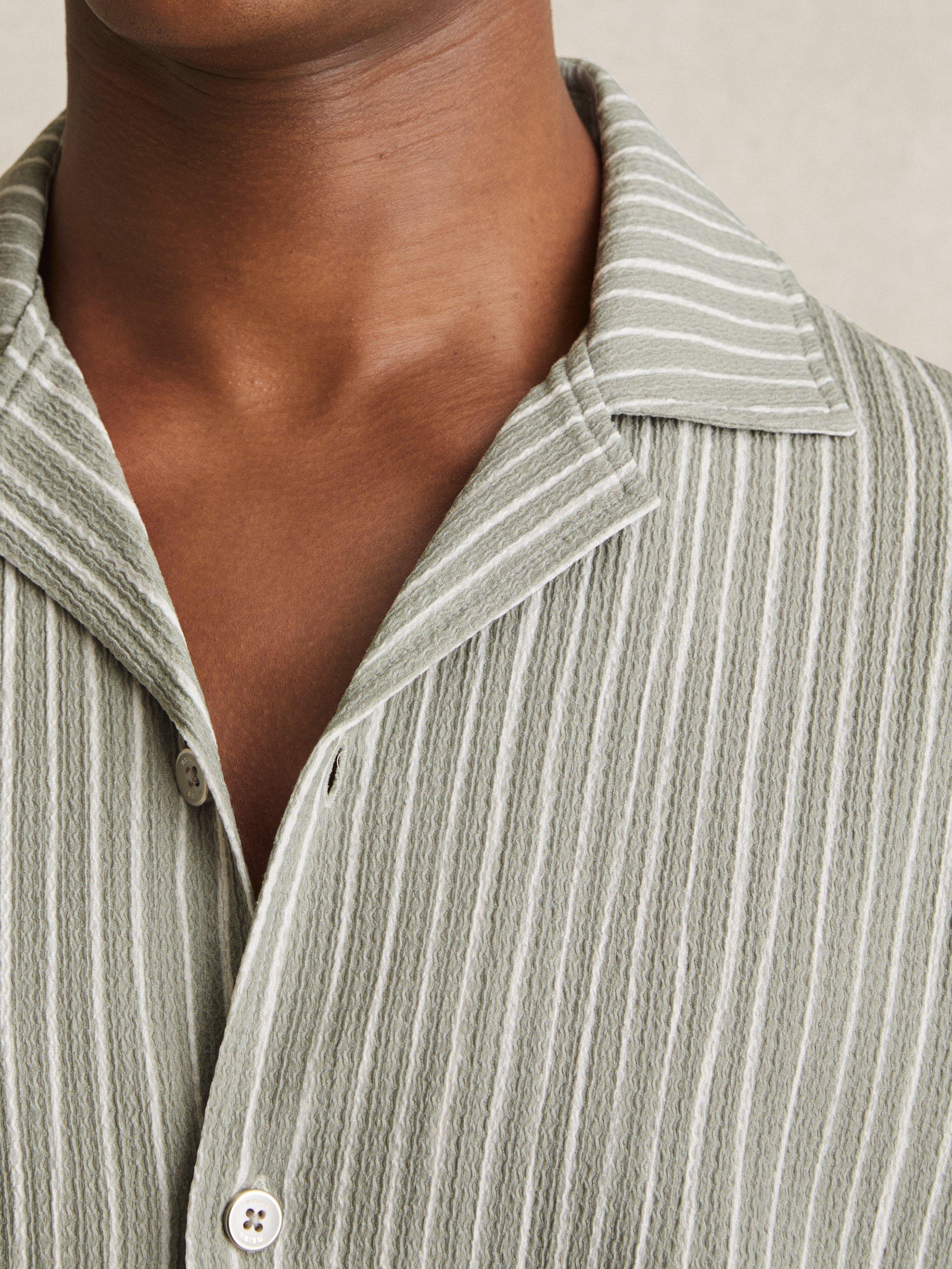 Product image 5 of 5, which shows Reiss Max Regular Fit Stripe Textured Revere Collar Shirt, Sage/White, XS