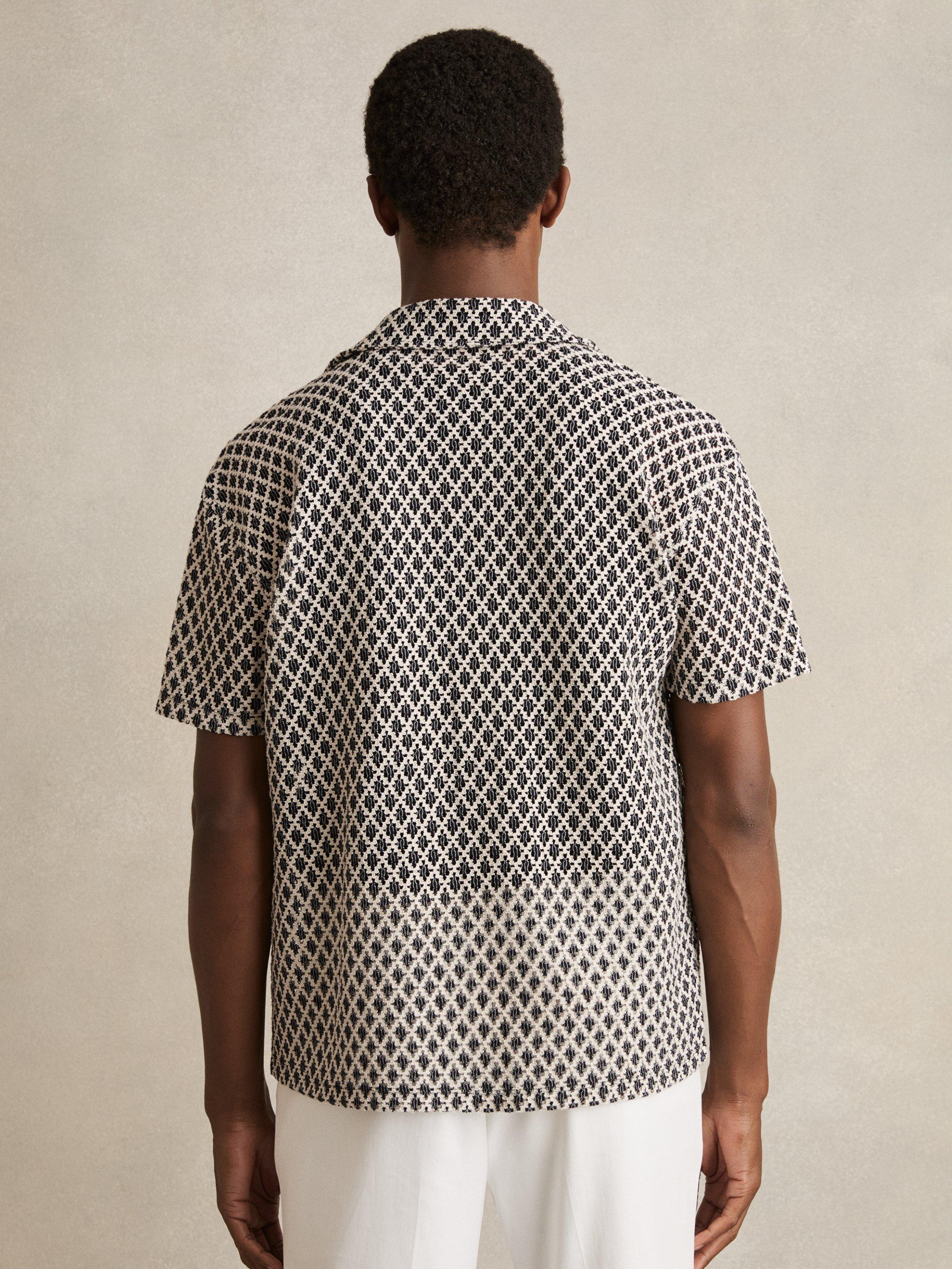 Product image 2 of 5, which shows Reiss Sterling Short Sleeve Cuban Collar Geometric Crochet Shirt, Navy/White, XS
