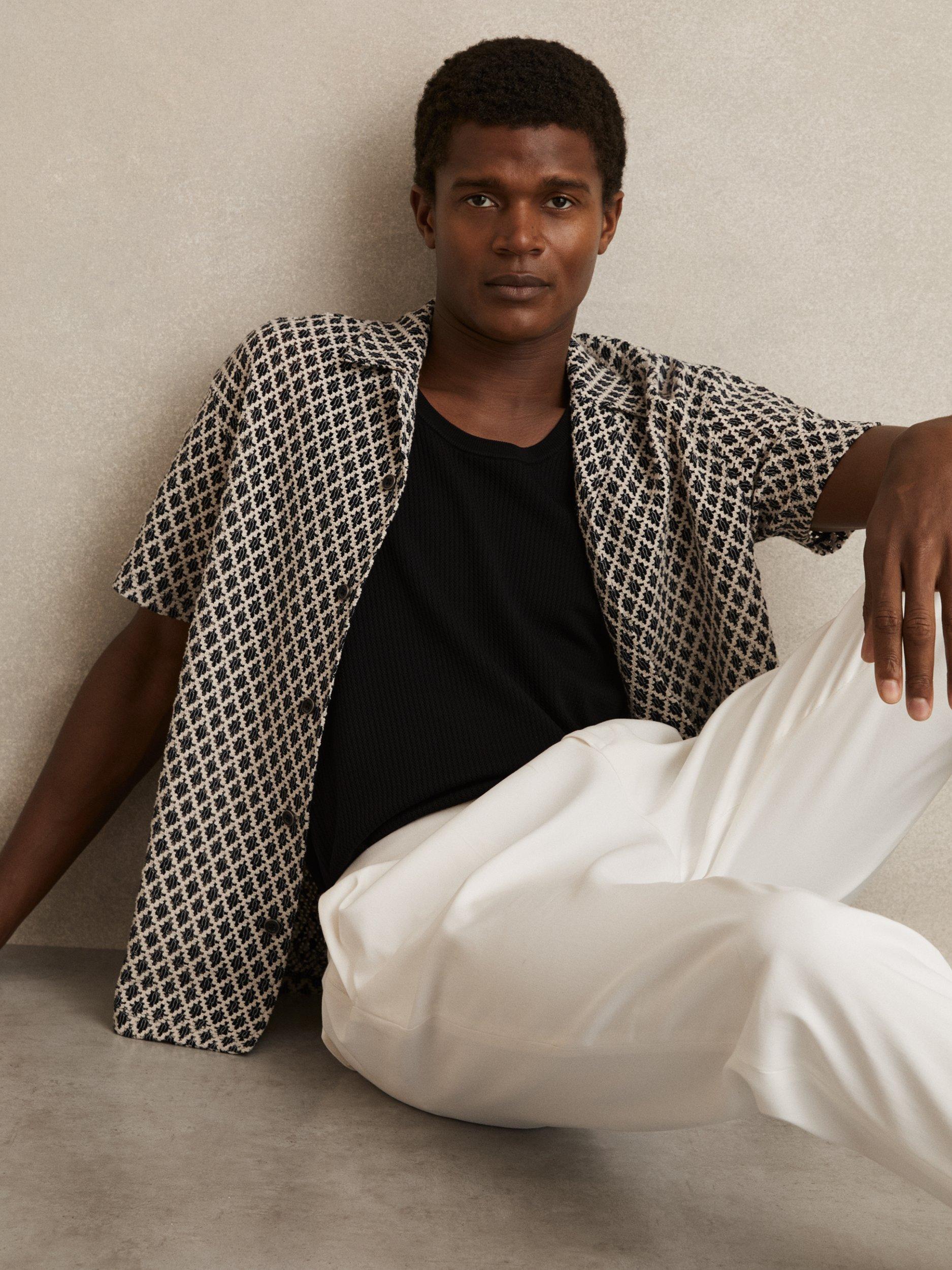 Product image 3 of 5, which shows Reiss Sterling Short Sleeve Cuban Collar Geometric Crochet Shirt, Navy/White, XS