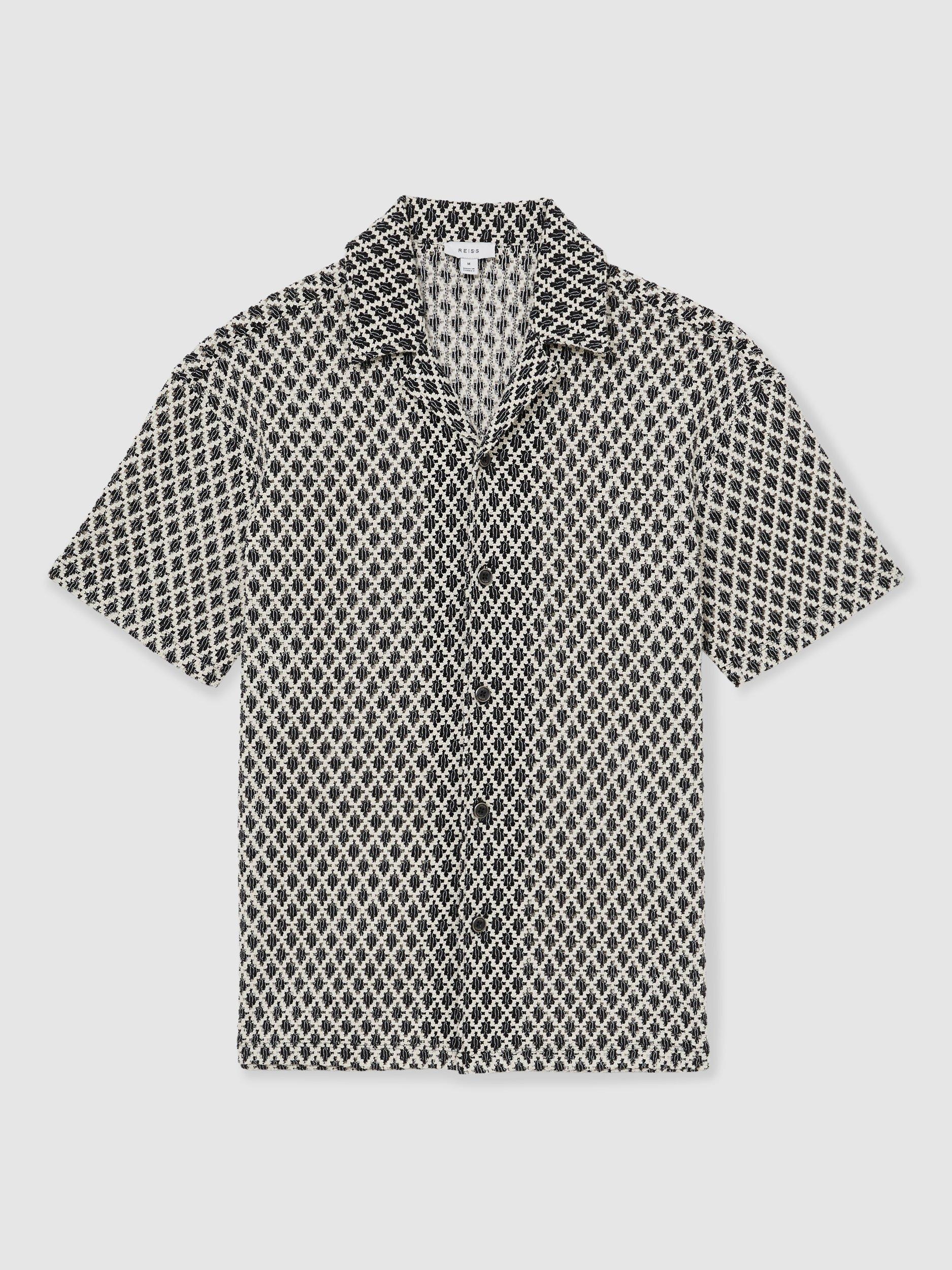 Product image 4 of 5, which shows Reiss Sterling Short Sleeve Cuban Collar Geometric Crochet Shirt, Navy/White, XS