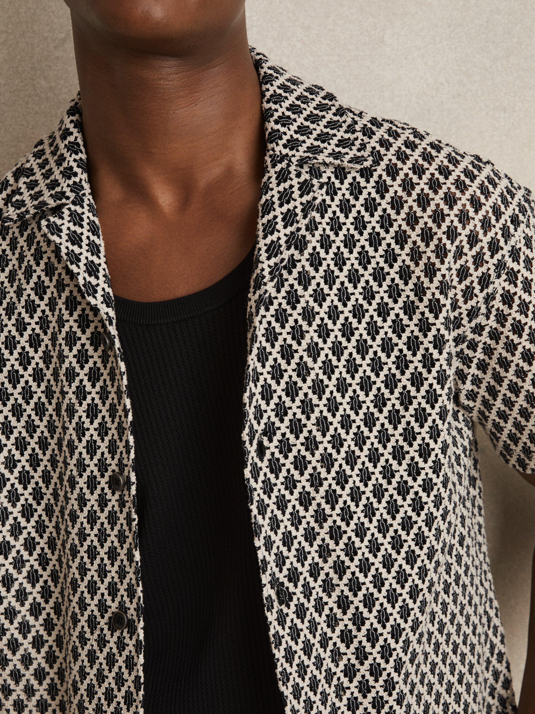 Product image 5 of 5, which shows Reiss Sterling Short Sleeve Cuban Collar Geometric Crochet Shirt, Navy/White, XS