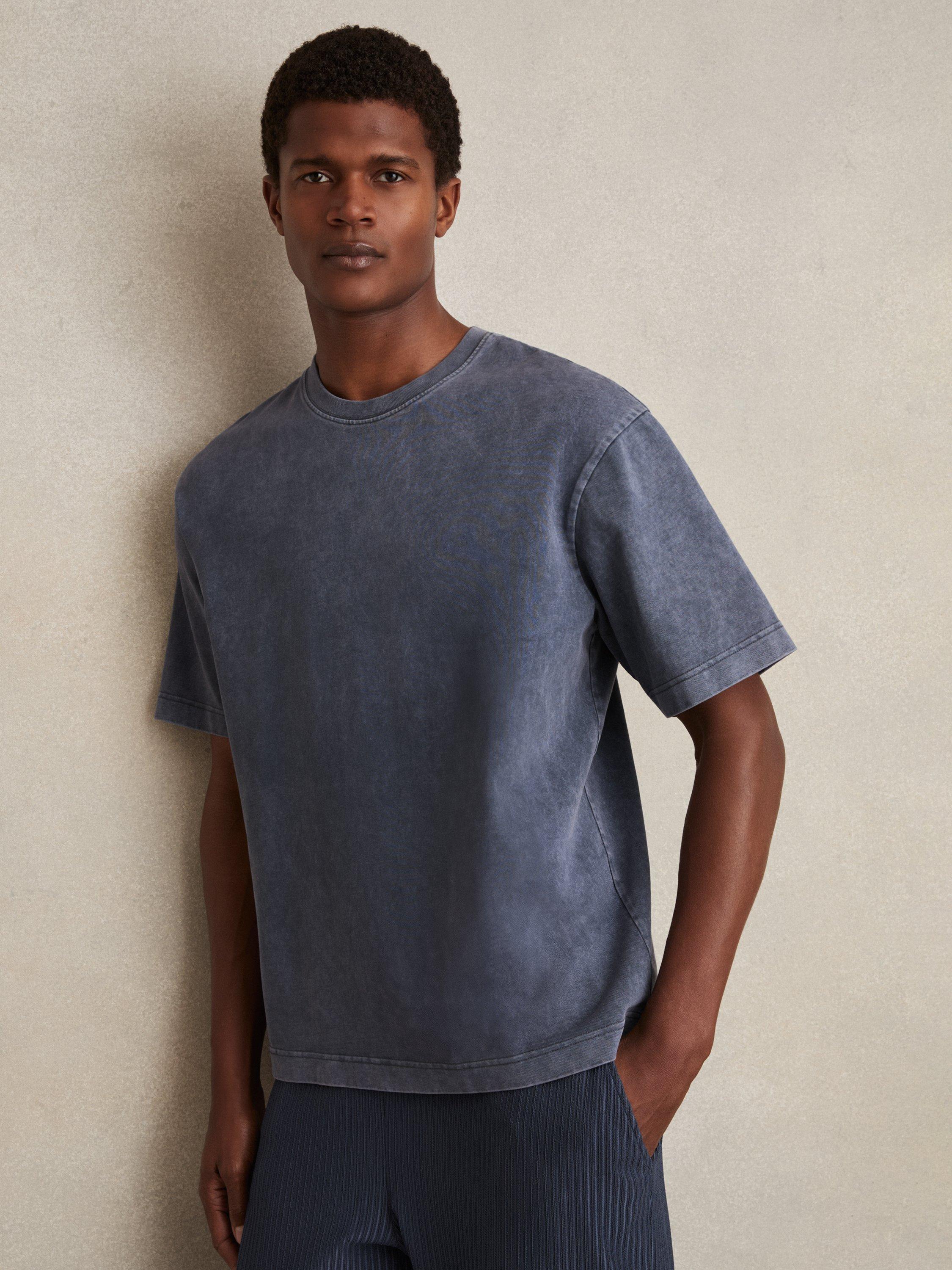 Product image 1 of 5, which shows Reiss Nomo Oversized Garment Dyed Cotton T-Shirt, Indigo Blue, XS