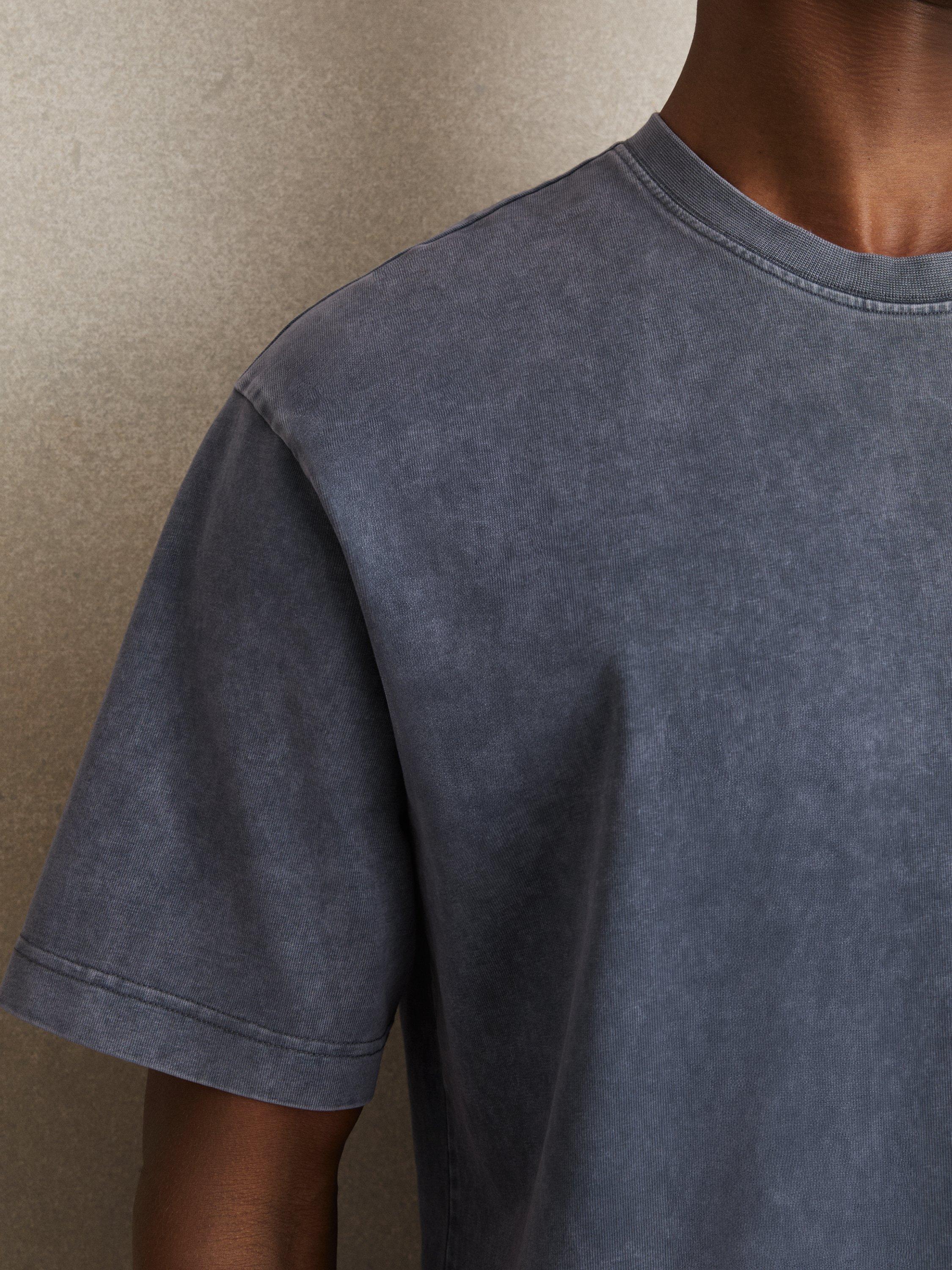 Product image 2 of 5, which shows Reiss Nomo Oversized Garment Dyed Cotton T-Shirt, Indigo Blue, XS