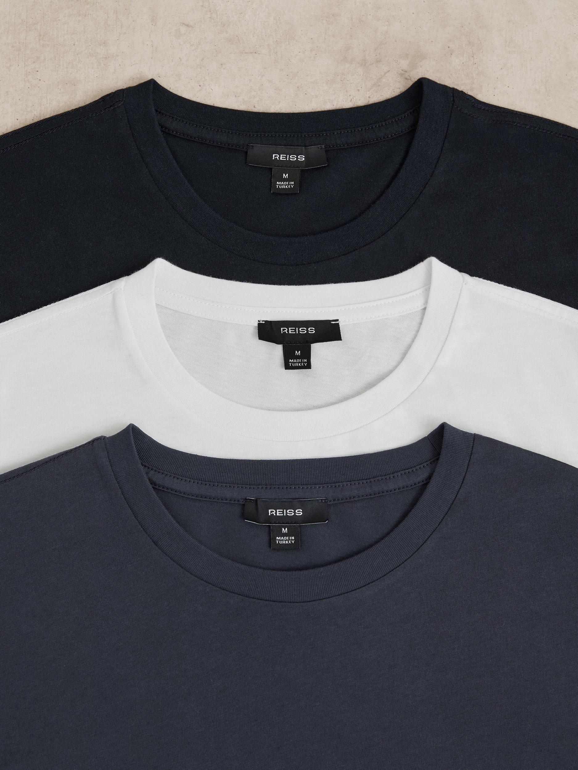 Product image 5 of 5, which shows Reiss Bless Cotton Regular Fit Short Sleeve T-Shirt, Pack of 3, White/Nvy/Airfrc Bl, XS