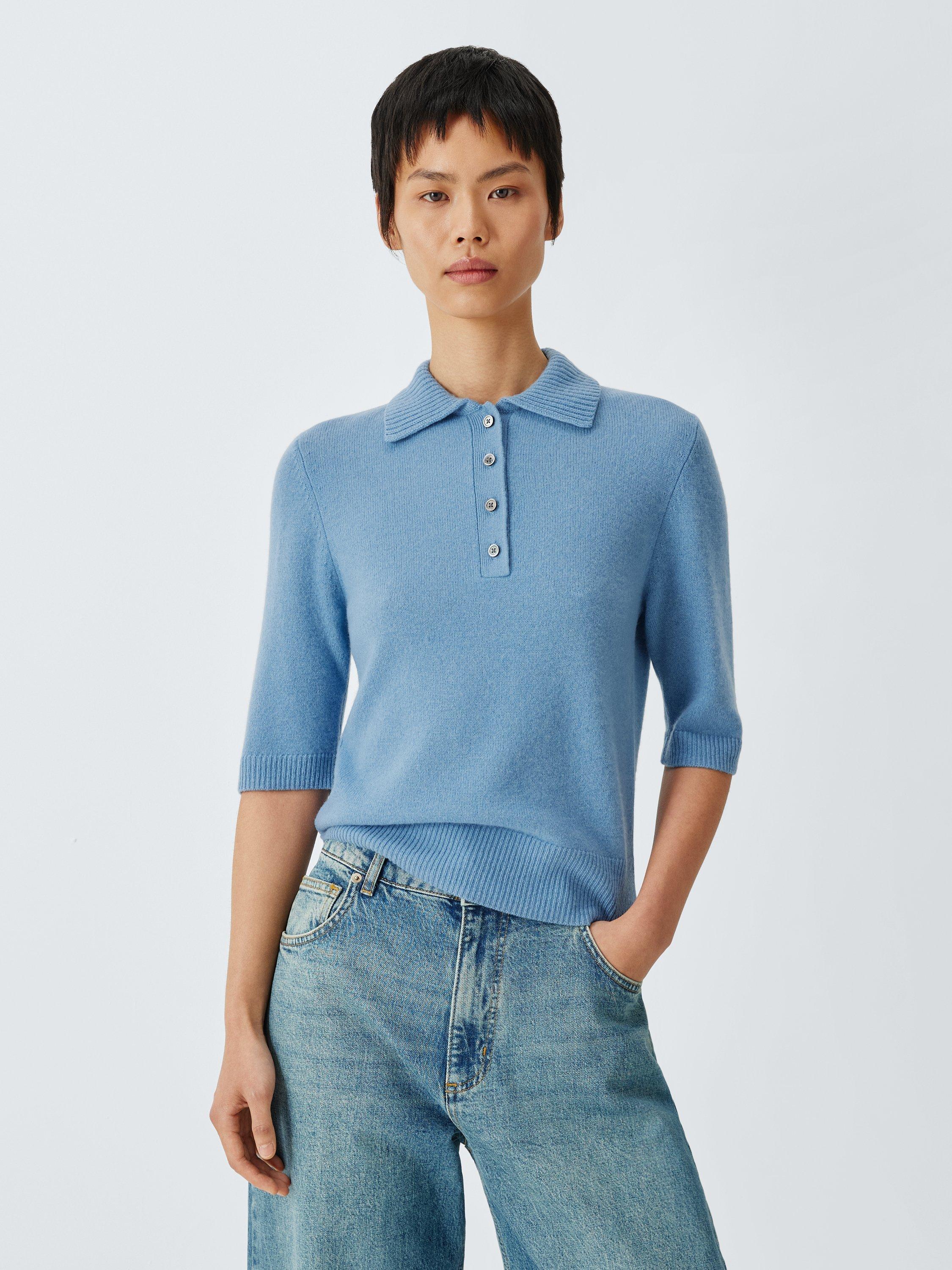 John Lewis Cashmere Short Sleeve Henley Polo Top, Blue