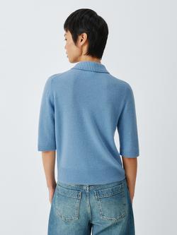 John Lewis Cashmere Short Sleeve Henley Polo Top - view 2, Blue