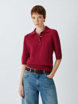John Lewis Cashmere Short Sleeve Henley Polo Top, Red