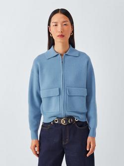 John Lewis Wool Blend Knit Zip Through Jacket, Blue, Blue