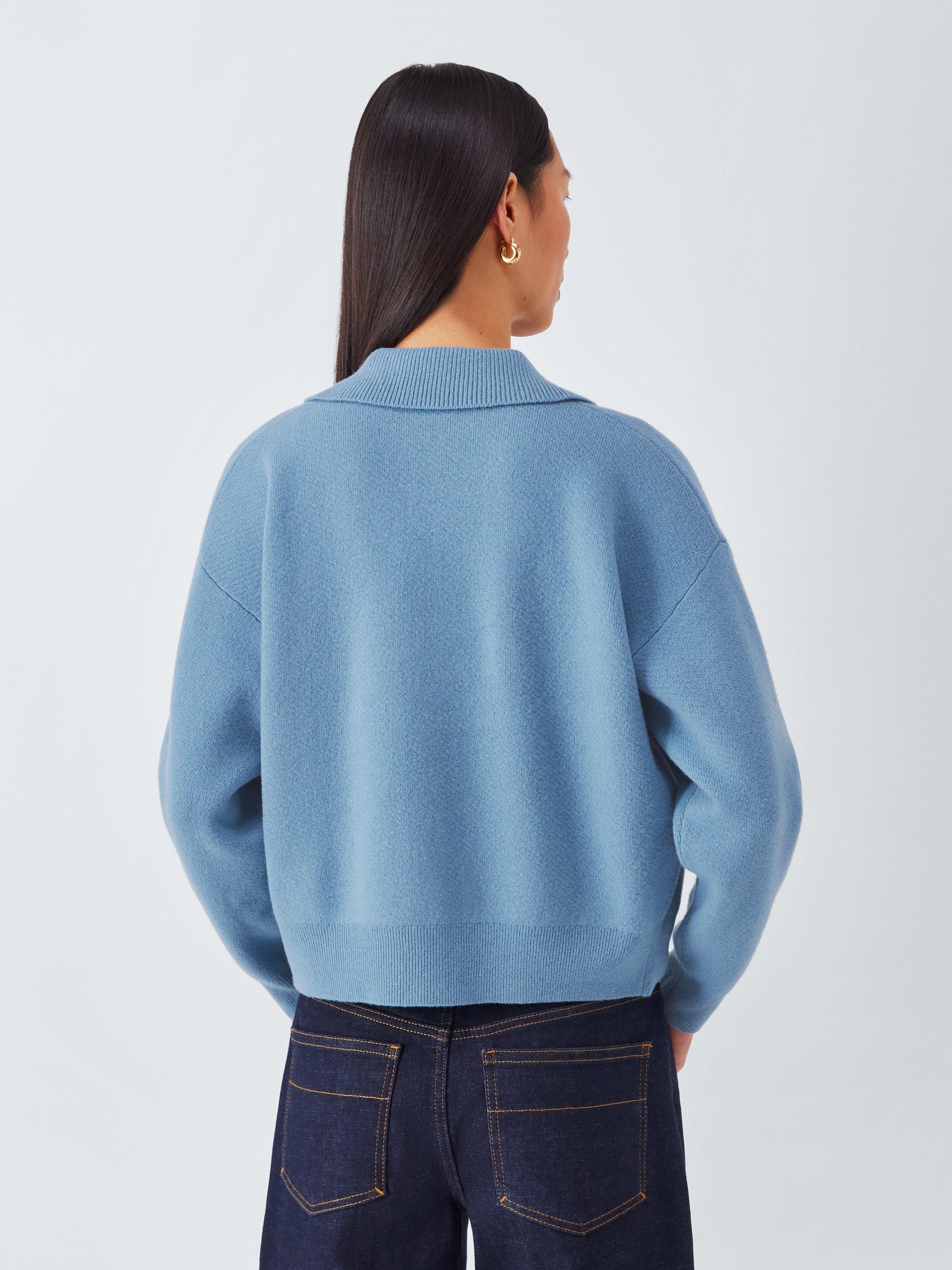 Product image 2 of 6, which shows John Lewis Wool Blend Knit Zip Through Jacket, Blue, XS