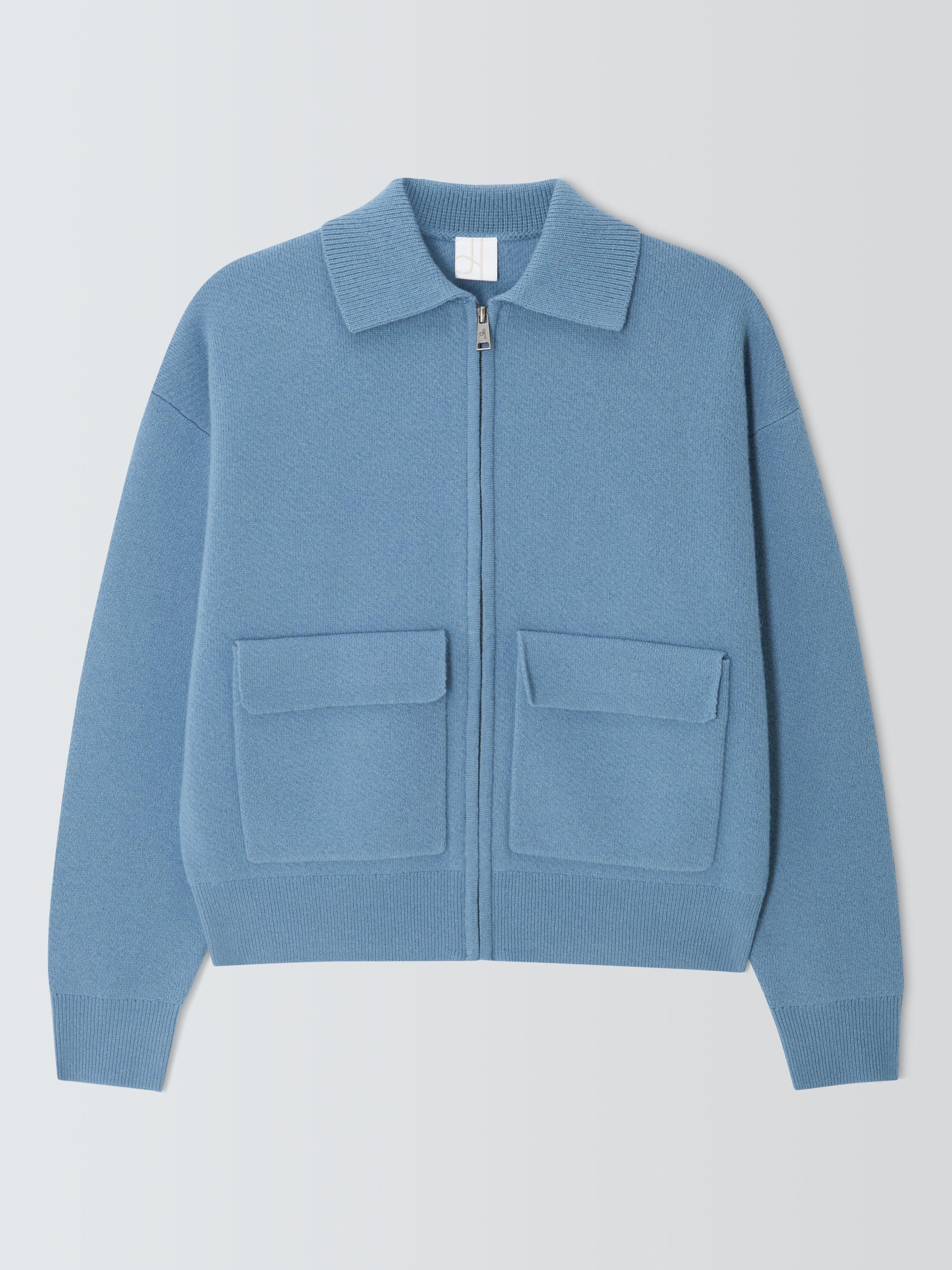 Product image 4 of 6, which shows John Lewis Wool Blend Knit Zip Through Jacket, Blue, XS