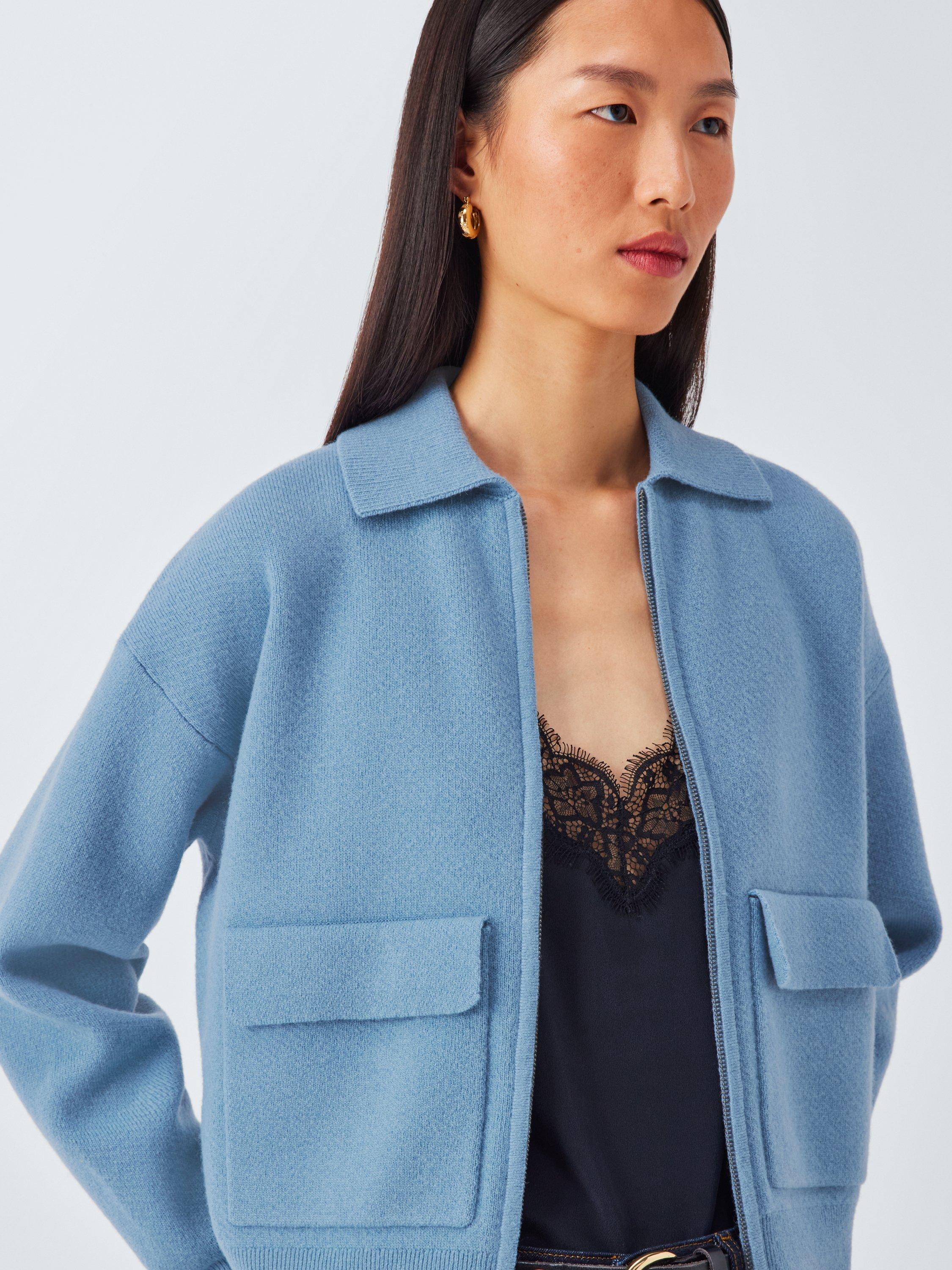Product image 5 of 6, which shows John Lewis Wool Blend Knit Zip Through Jacket, Blue, XS