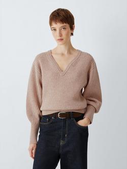 John Lewis Sweetheart Lambswool Rib Knit Jumper, Beige, Beige