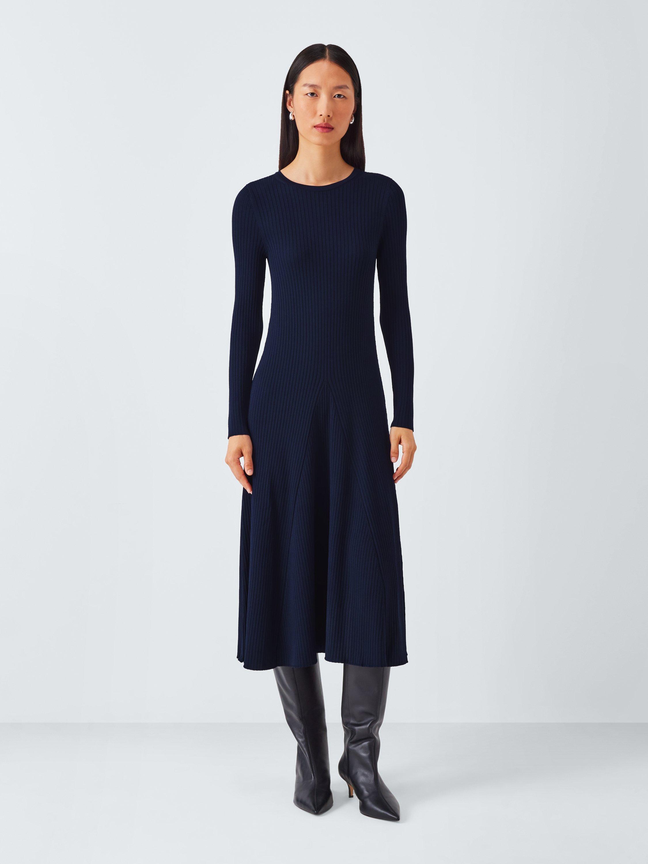 Product image 1 of 6, which shows John Lewis Rib Knit Flared Jumper Dress, Navy, 8