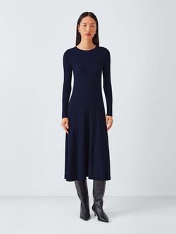 John Lewis Rib Knit Flared Jumper Dress, Navy, Navy
