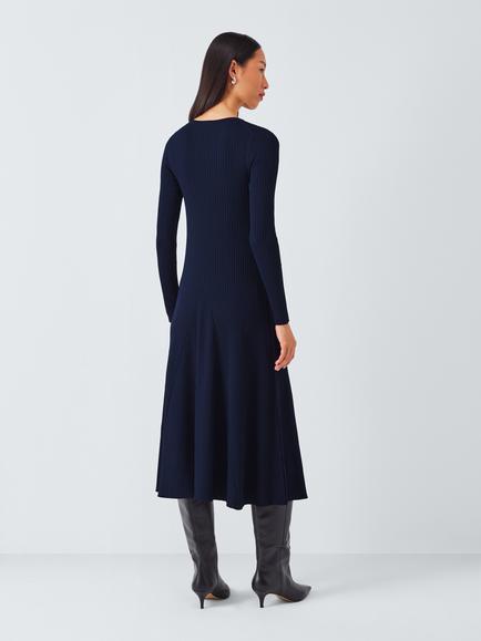 John Lewis Rib Knit Flared Jumper Dress, Navy - view 2, Navy