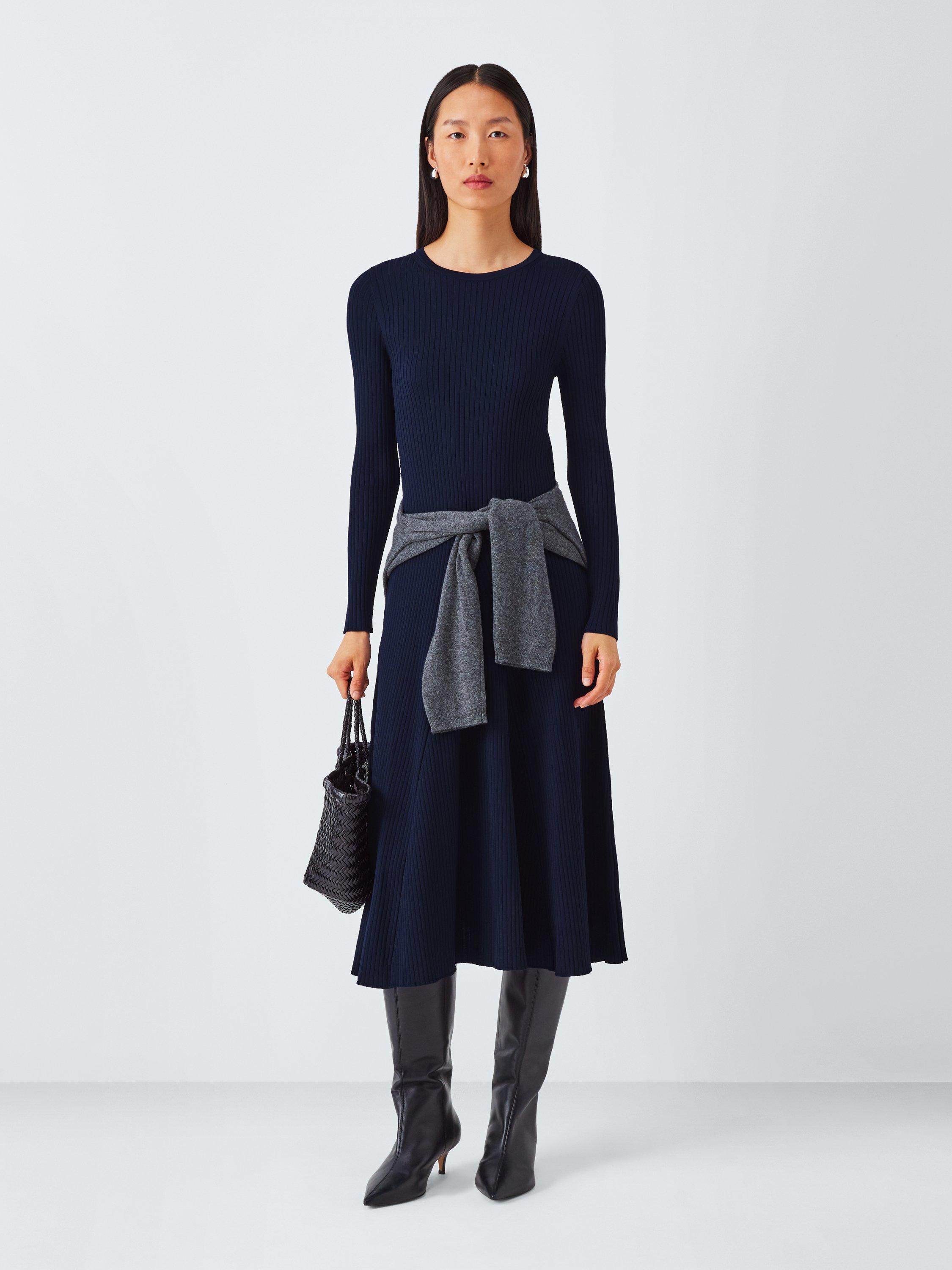 Product image 3 of 6, which shows John Lewis Rib Knit Flared Jumper Dress, Navy, 8